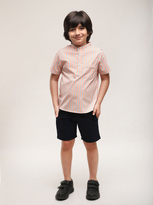 Mandarin Style Orange Striped Shirt with Shorts