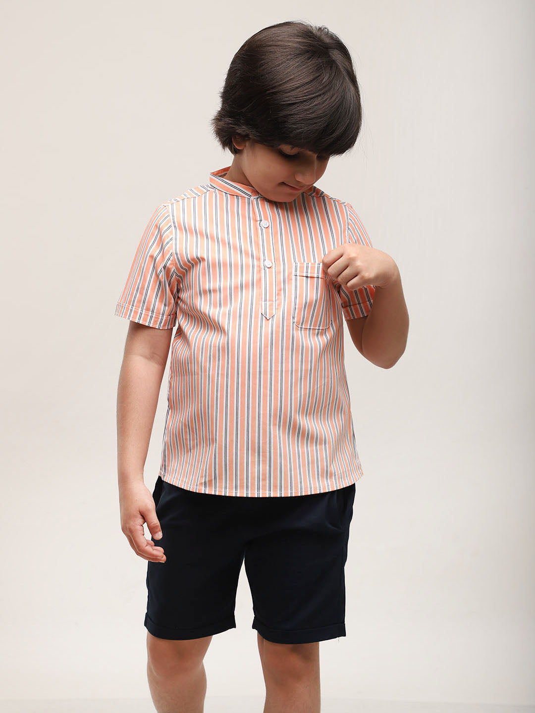 Mandarin Style Orange Striped Shirt with Shorts