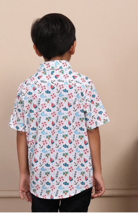 Boys Straight Graphic Printed Spread Collar Short Sleeves Cotton Casual Shirt