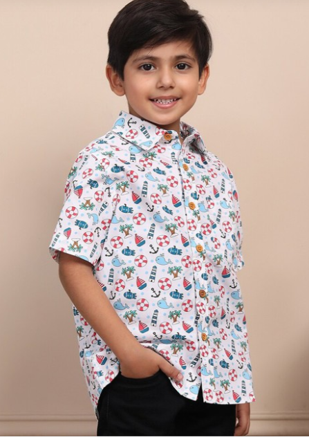 Boys Straight Graphic Printed Spread Collar Short Sleeves Cotton Casual Shirt