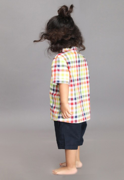 Boys Checked Mandarin Collar Pure Cotton Shirt with Shorts