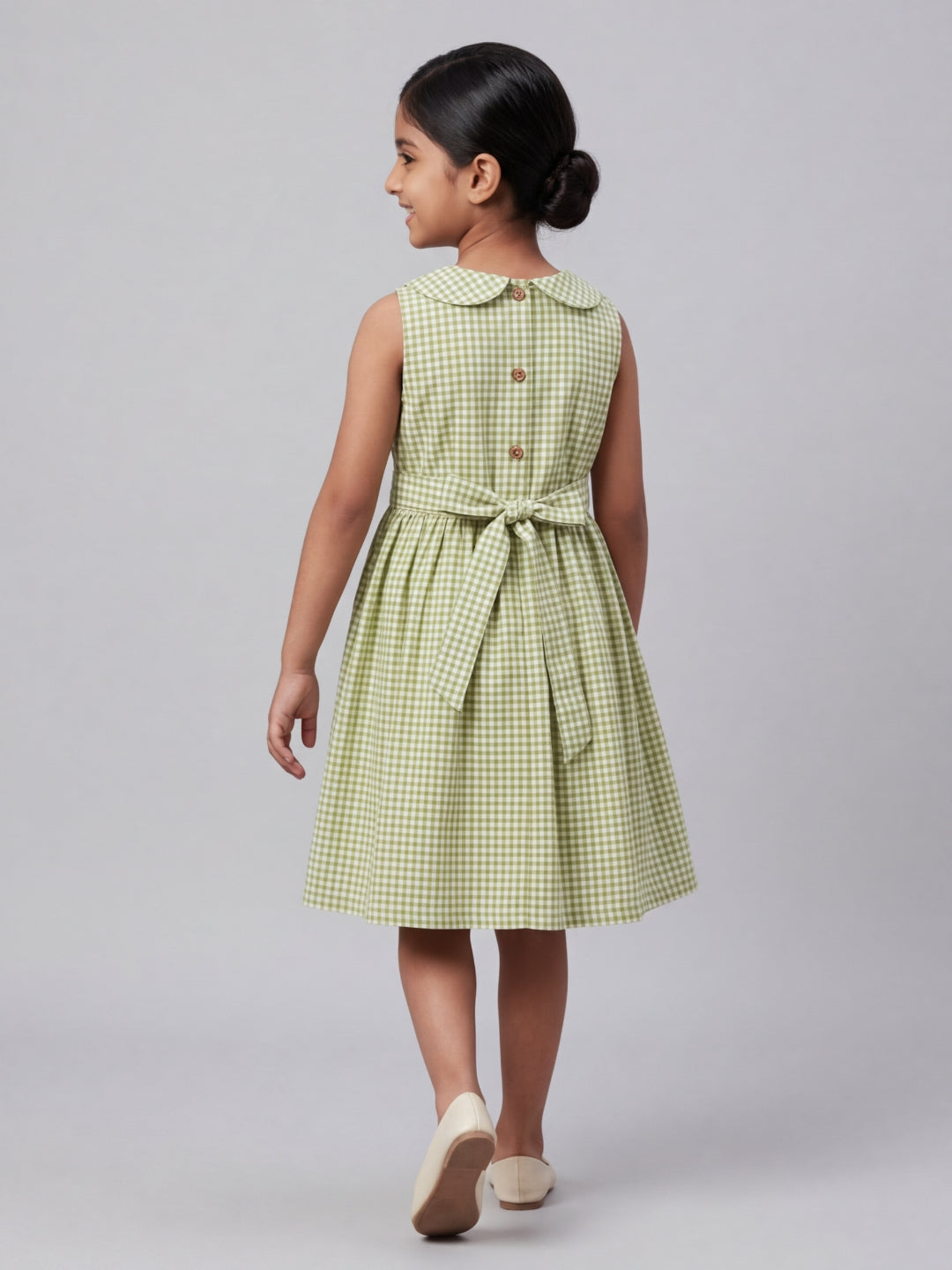 Girls Off White & Green checked Knee Length Peter Pan Collar Dress