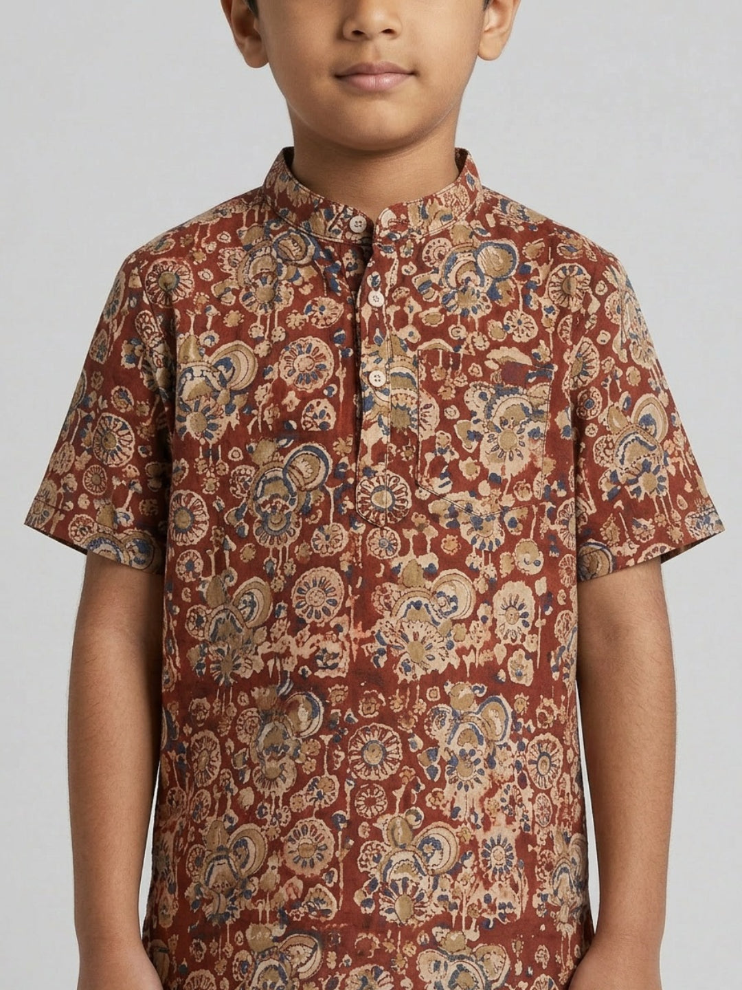 Biglilpeople Boys Ethnic Print Mandarin Collar Short Sleeves Shirt