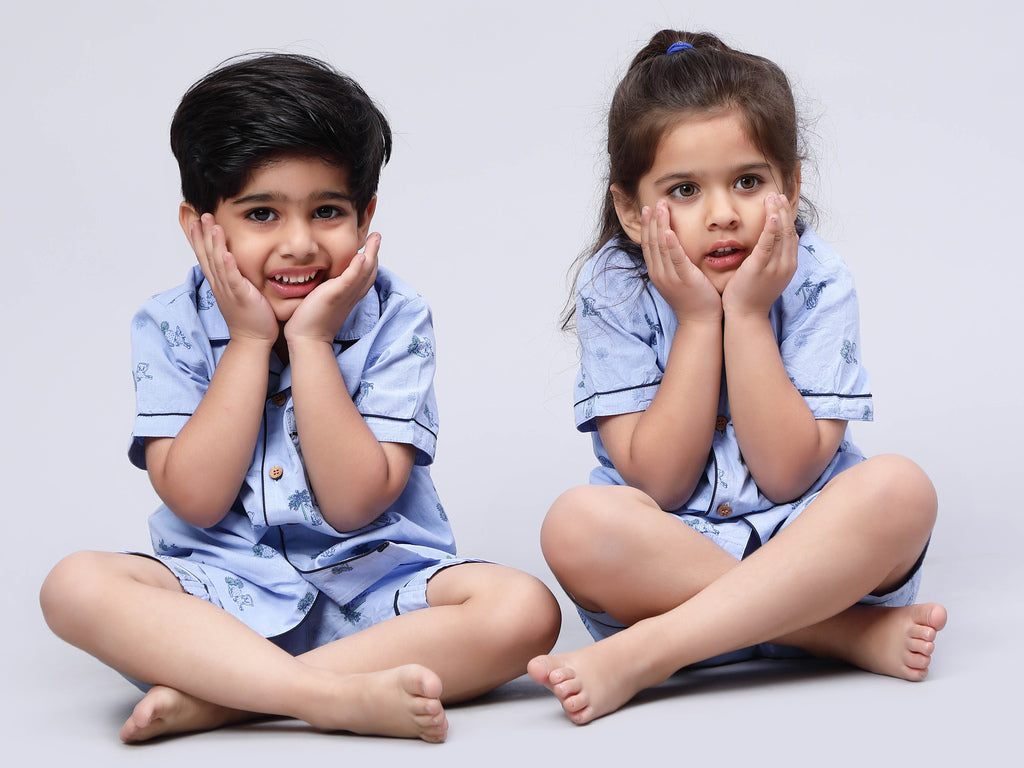 Notched Lil Cub Print Night Suits for Girls & Boys