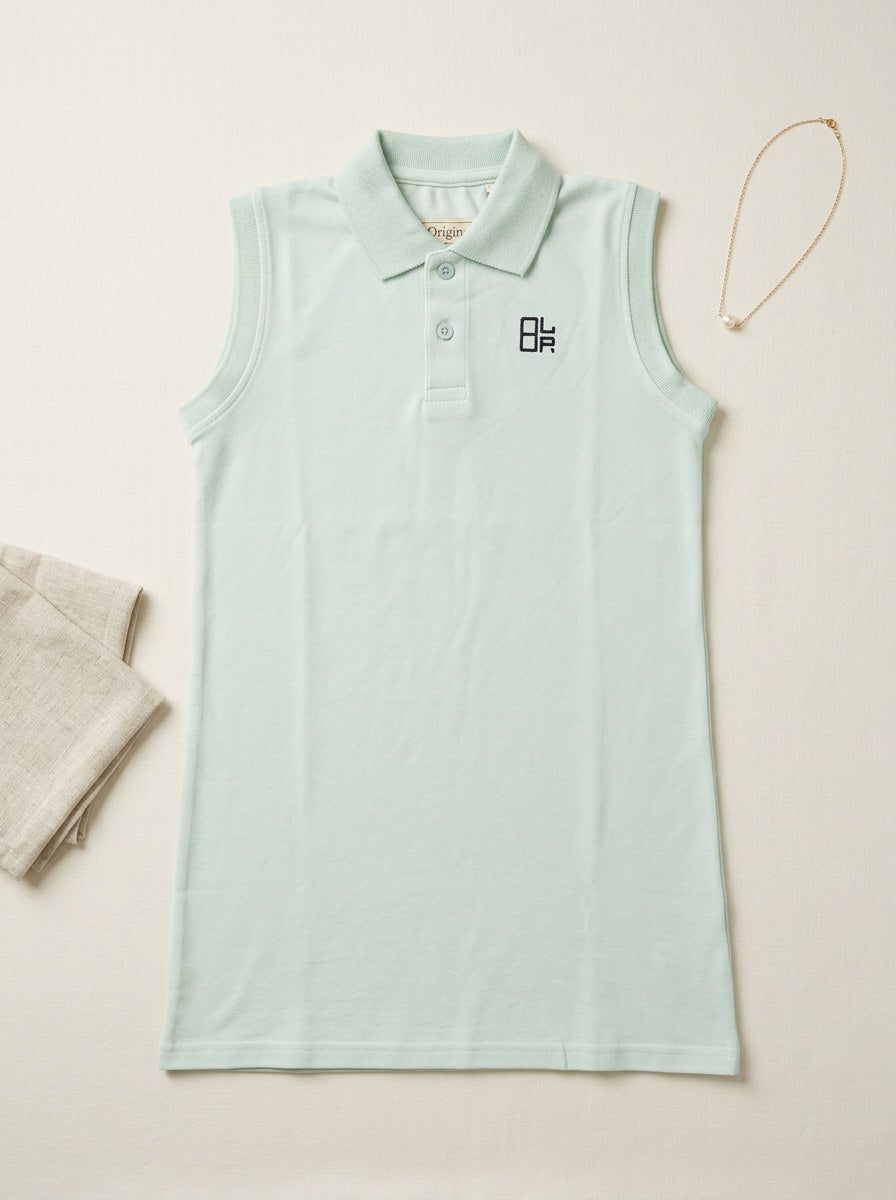 Girls Pure Cotton Light Blue Color Polo Sleeveless thigh length dress