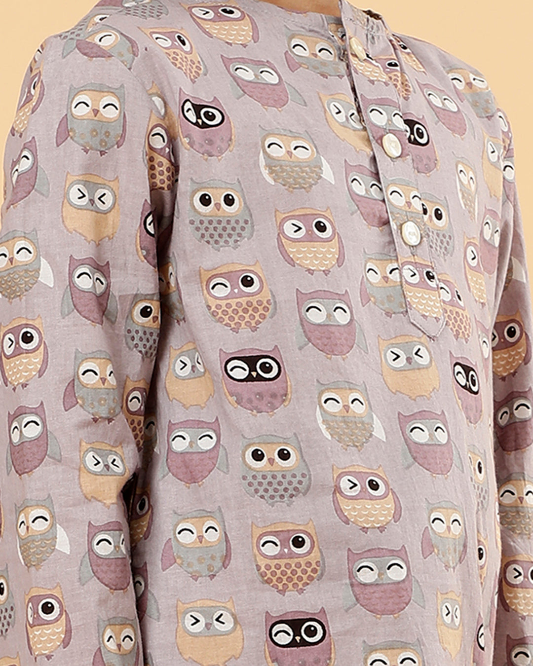 Unisex Grandpa Kurta Set in Mul Cotton- Owl Print (Mauve)