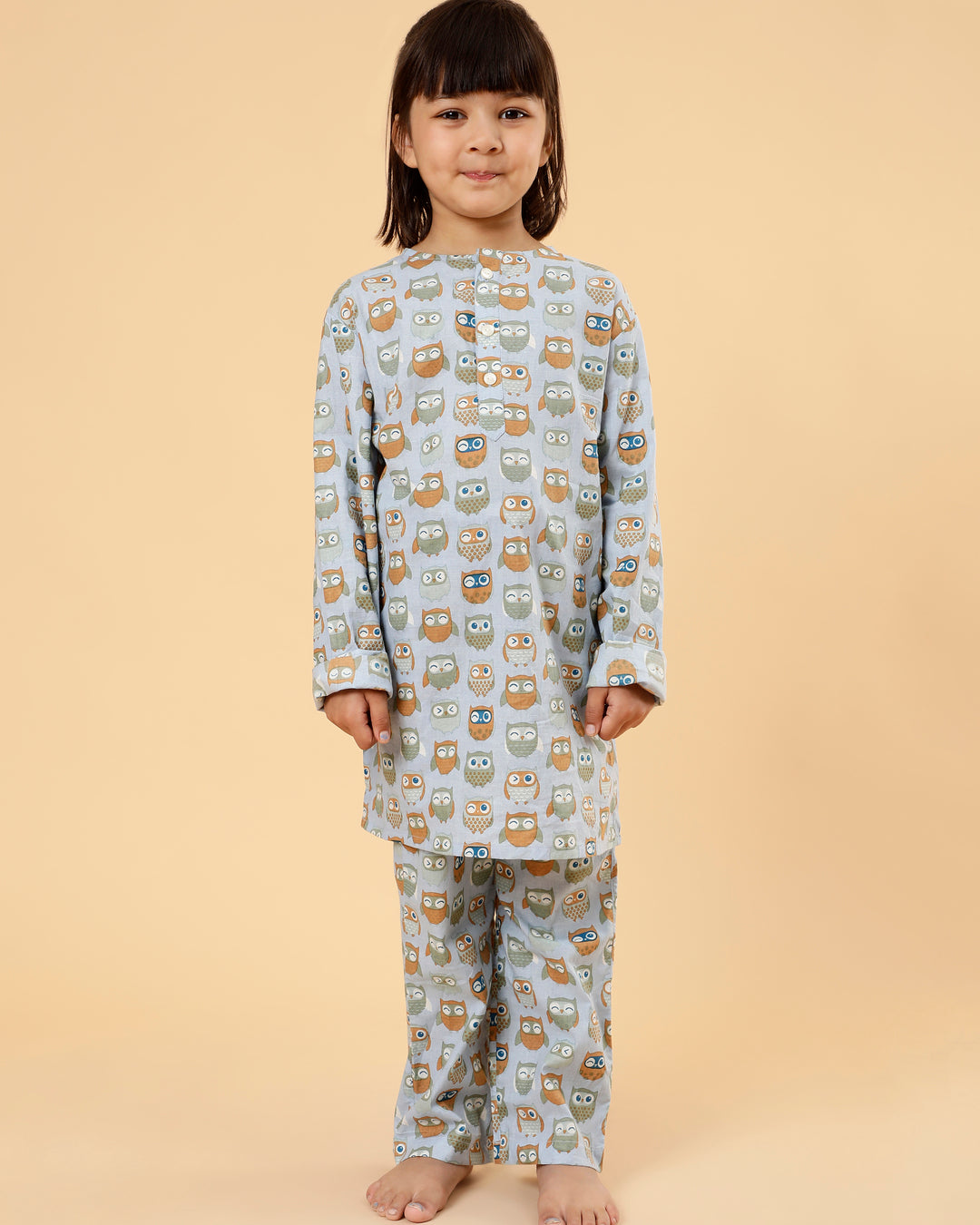 Unisex Grandpa Kurta Set in Mul Cotton- Owl Print (Blue)