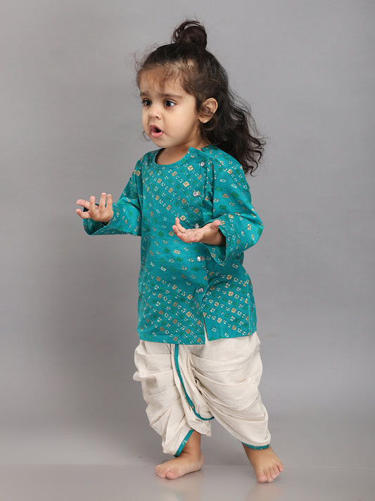 Infant Dhoti Kurta Set in Cotton Silk in Bandhej