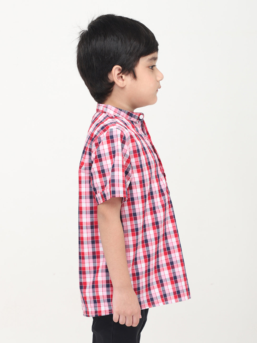 Mandarin Style Checkered Half Sleeves Shirt - Multicolored