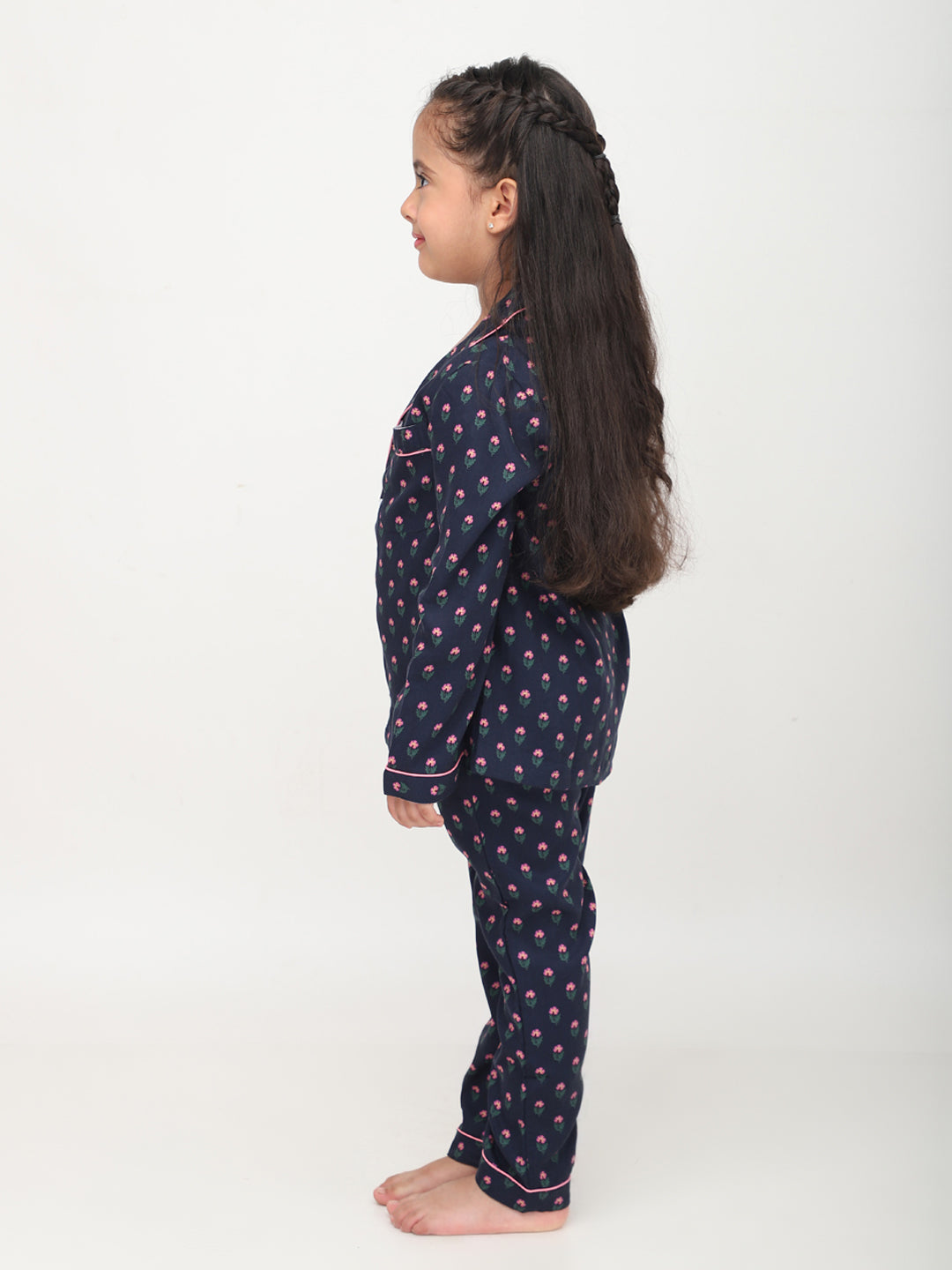 Black Floral Printed Full Sleeves Night Suits For Girls