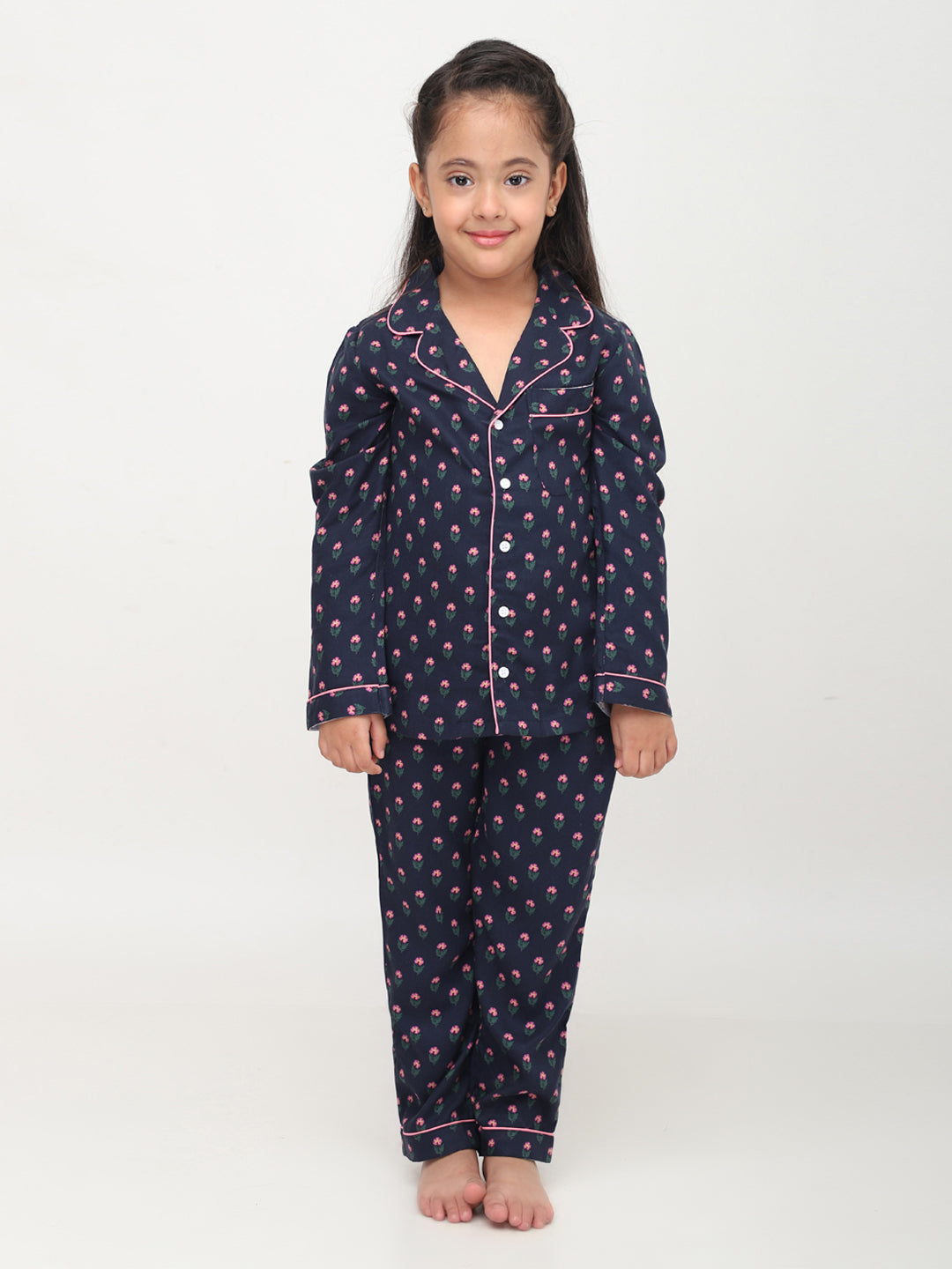 Black Floral Printed Full Sleeves Night Suits For Girls