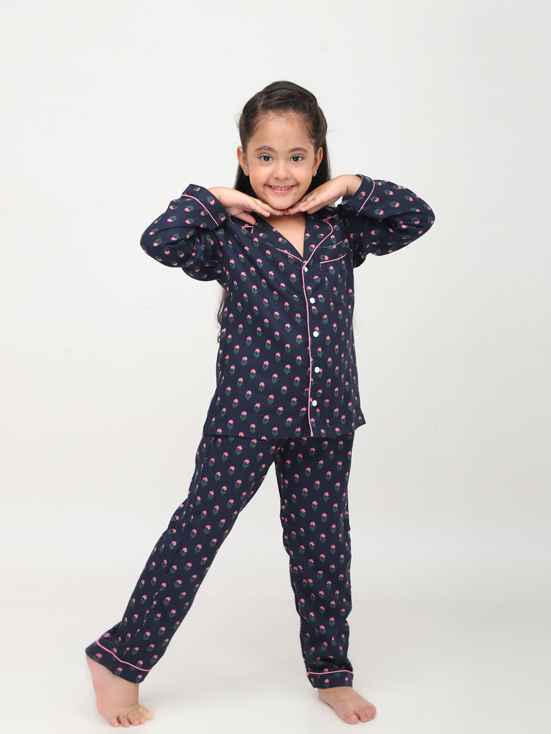 Black Floral Printed Full Sleeves Night Suits For Girls