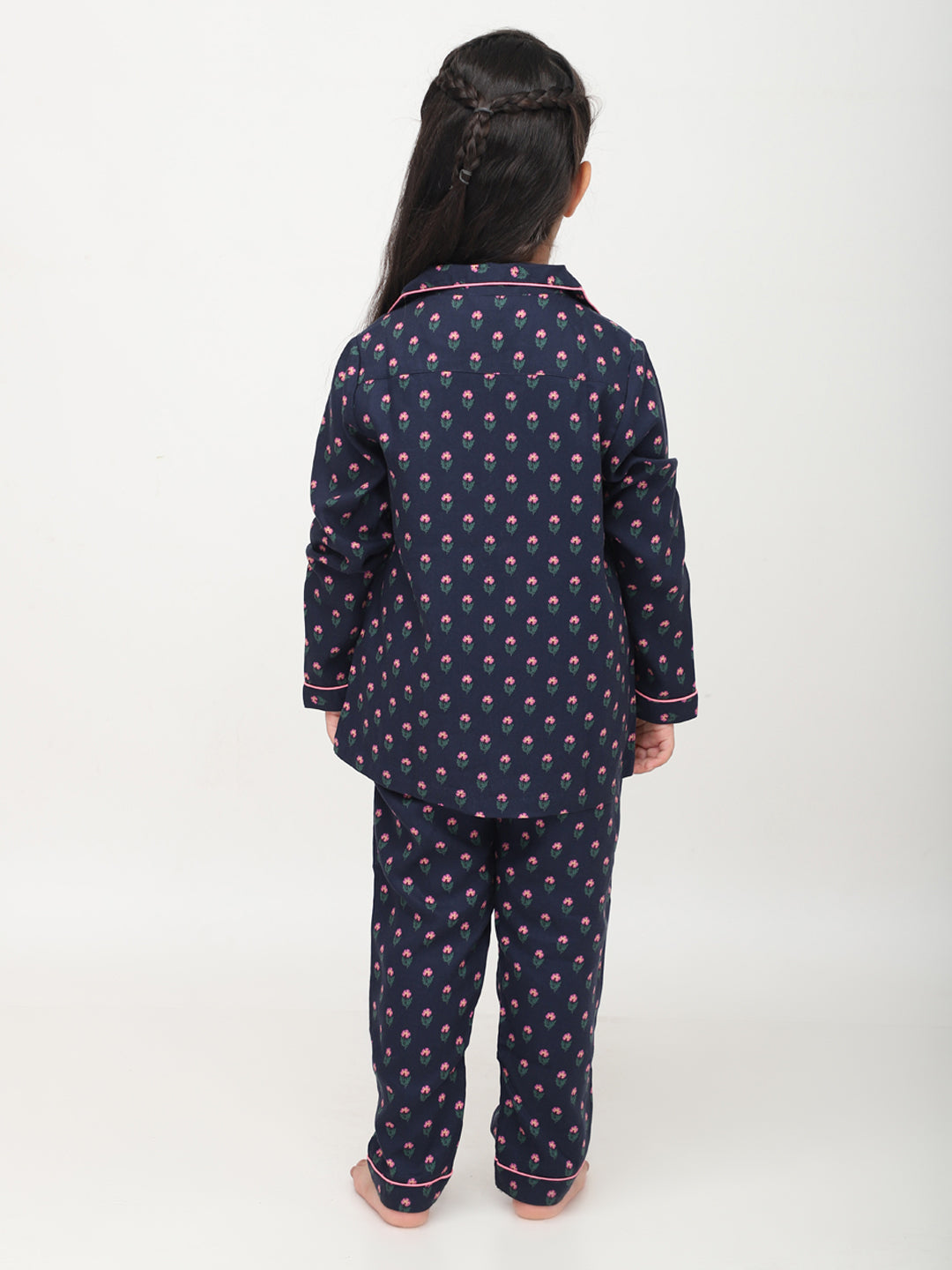 Black Floral Printed Full Sleeves Night Suits For Girls