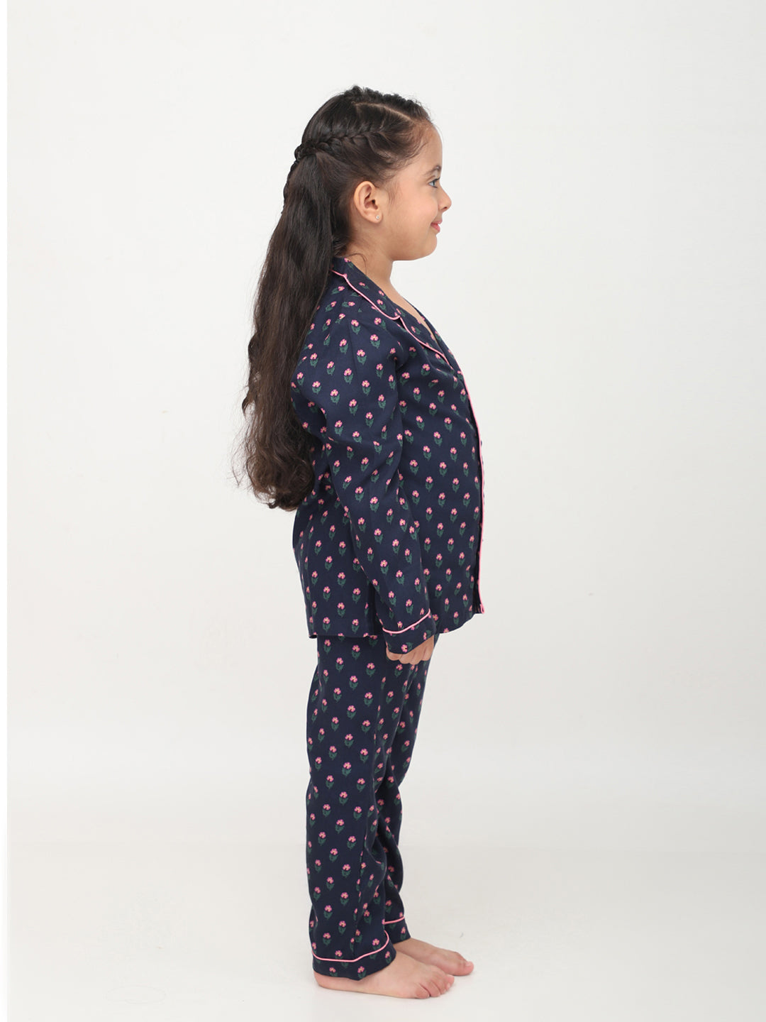Black Floral Printed Full Sleeves Night Suits For Girls