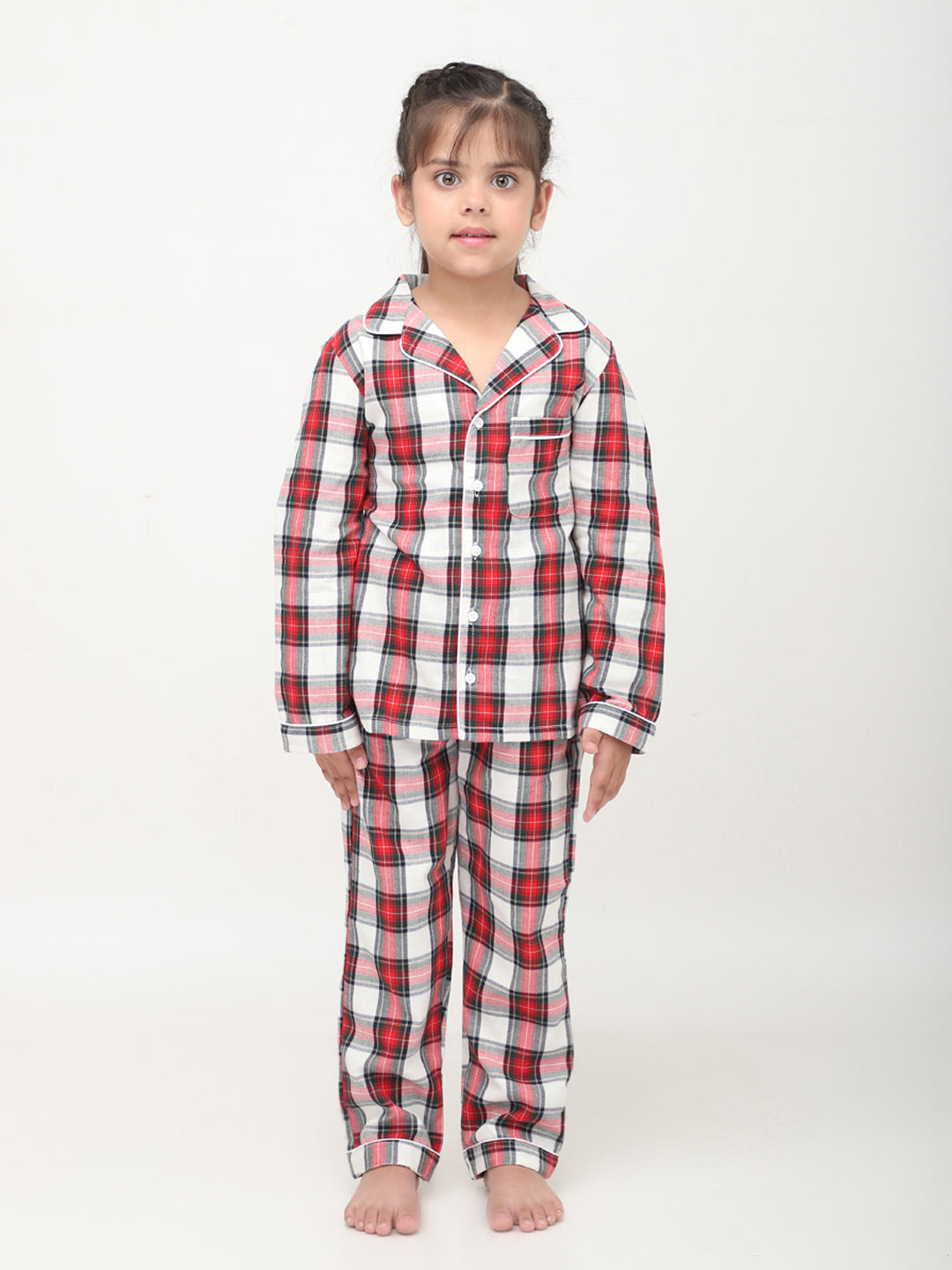 Classic Christmas Green Plaid Night Suits For Girls Boys