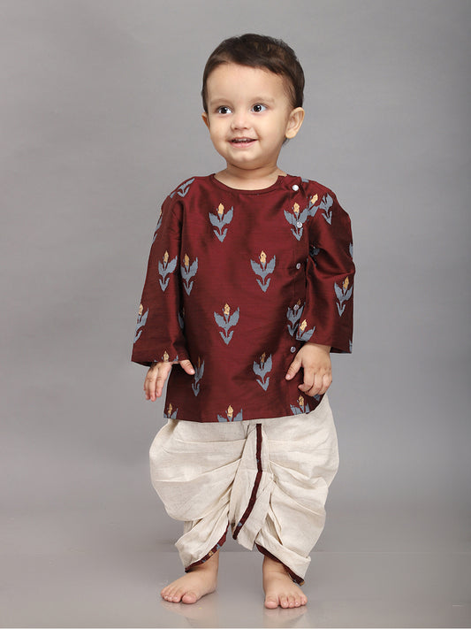Infant Dhoti Kurta Set in Cotton Silk in Maroon
