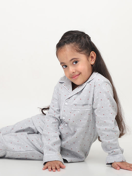 Grey Floral Printed Full Sleeves Night Suits For Girls