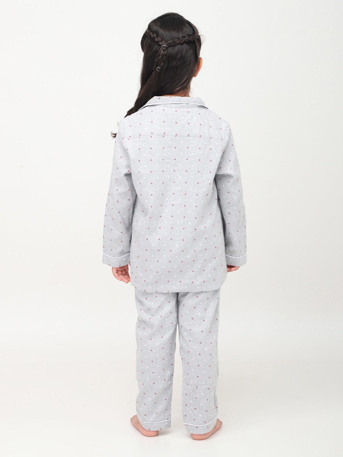 Grey Floral Printed Full Sleeves Night Suits For Girls