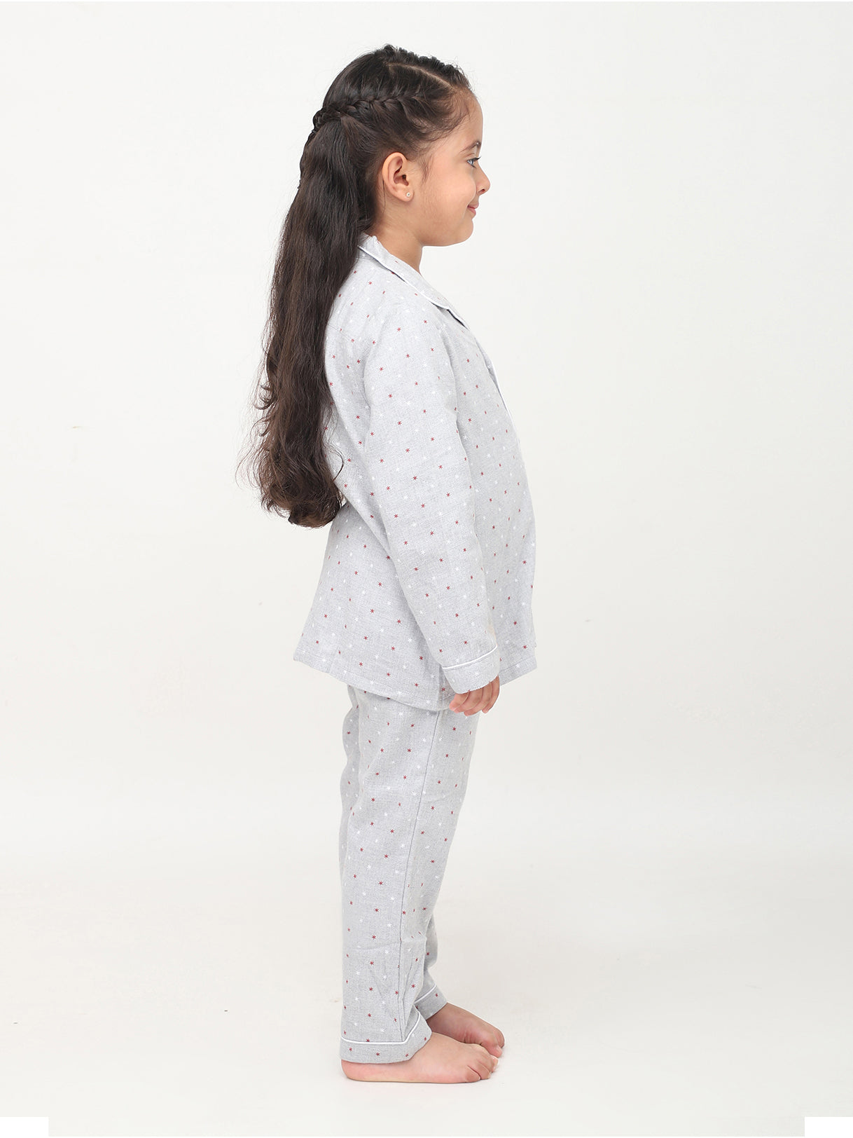 Grey Floral Printed Full Sleeves Night Suits For Girls