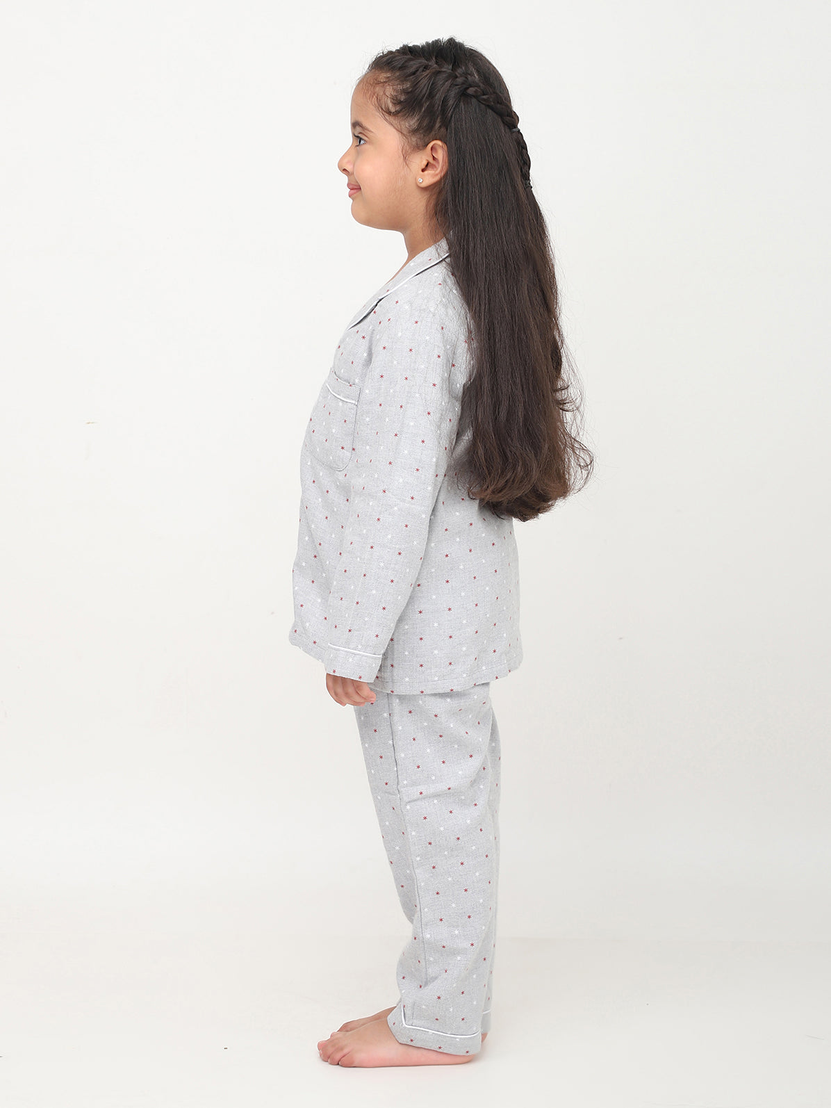 Grey Floral Printed Full Sleeves Night Suits For Girls
