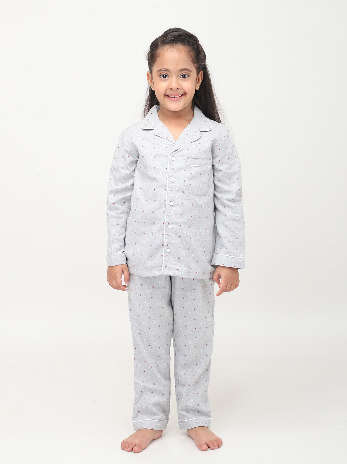 Grey Floral Printed Full Sleeves Night Suits For Girls