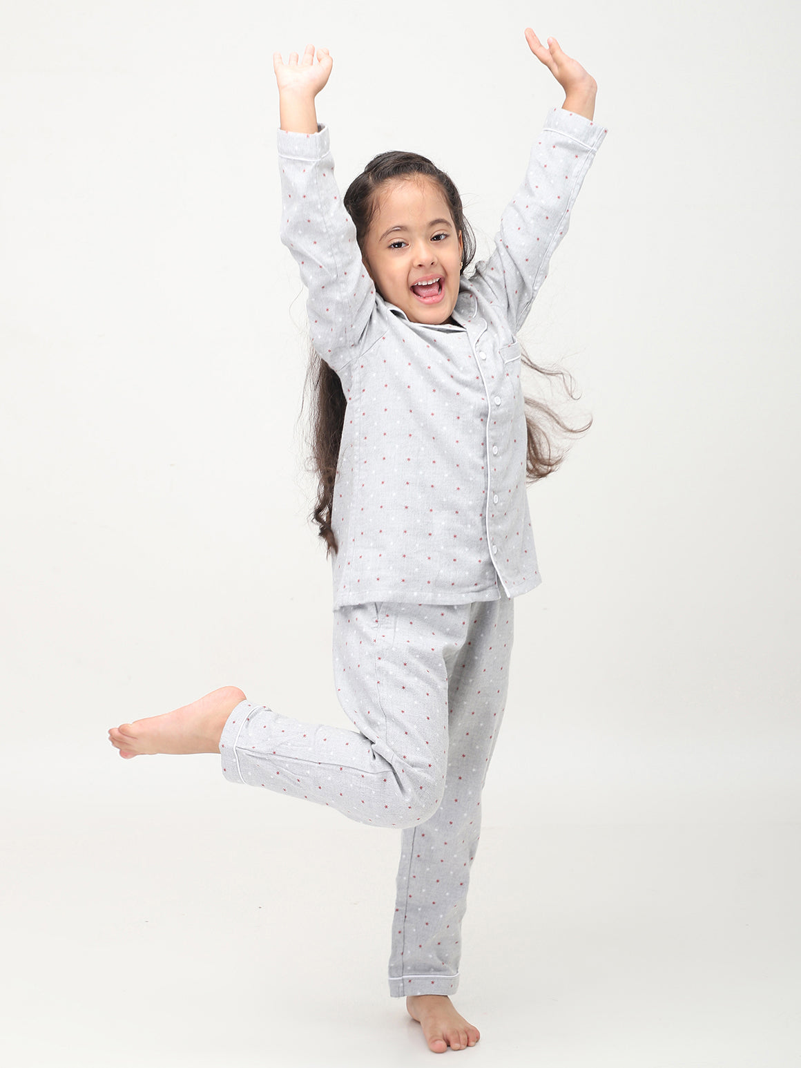 Grey Floral Printed Full Sleeves Night Suits For Girls