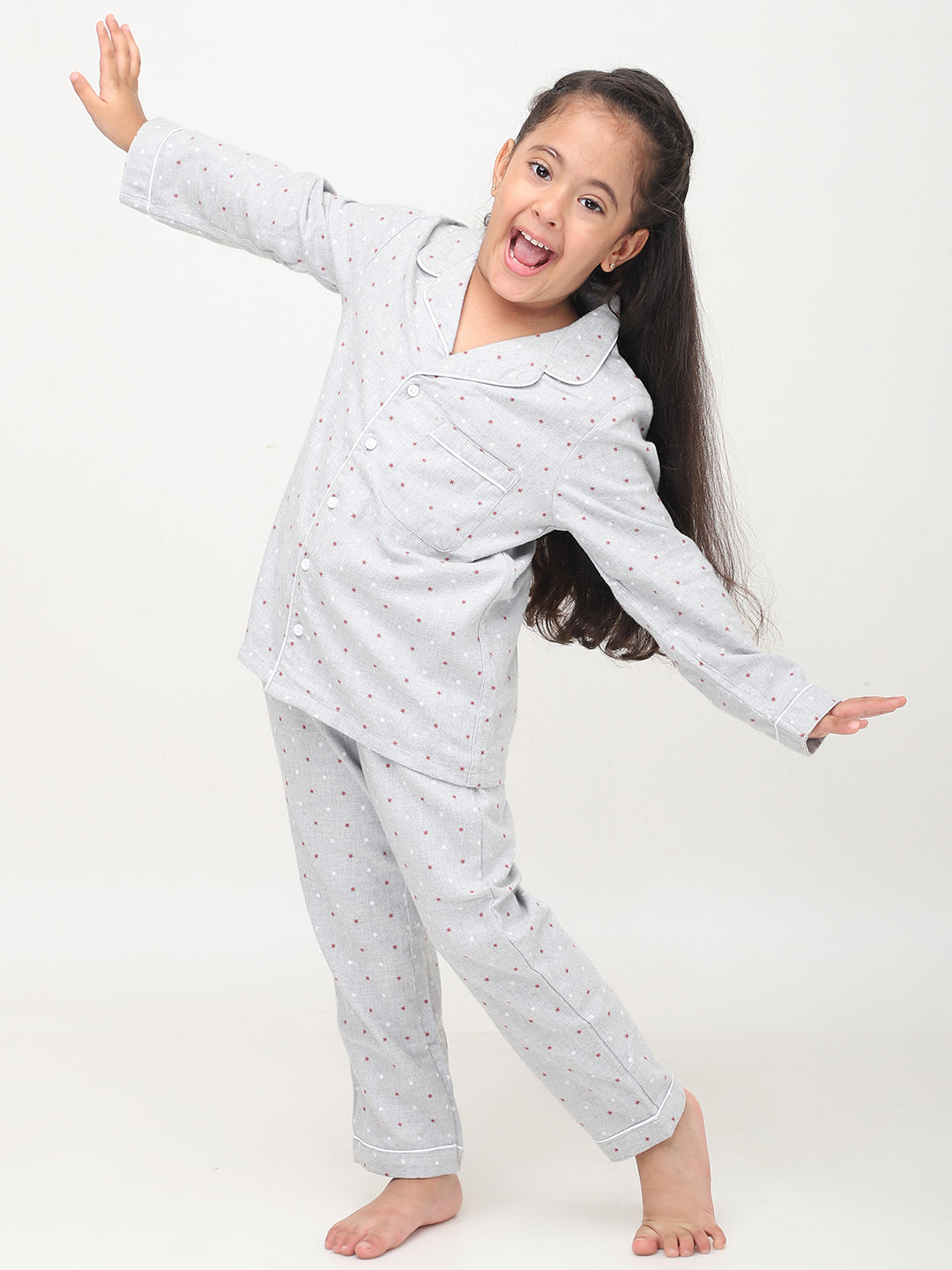 Grey Floral Printed Full Sleeves Night Suits For Girls