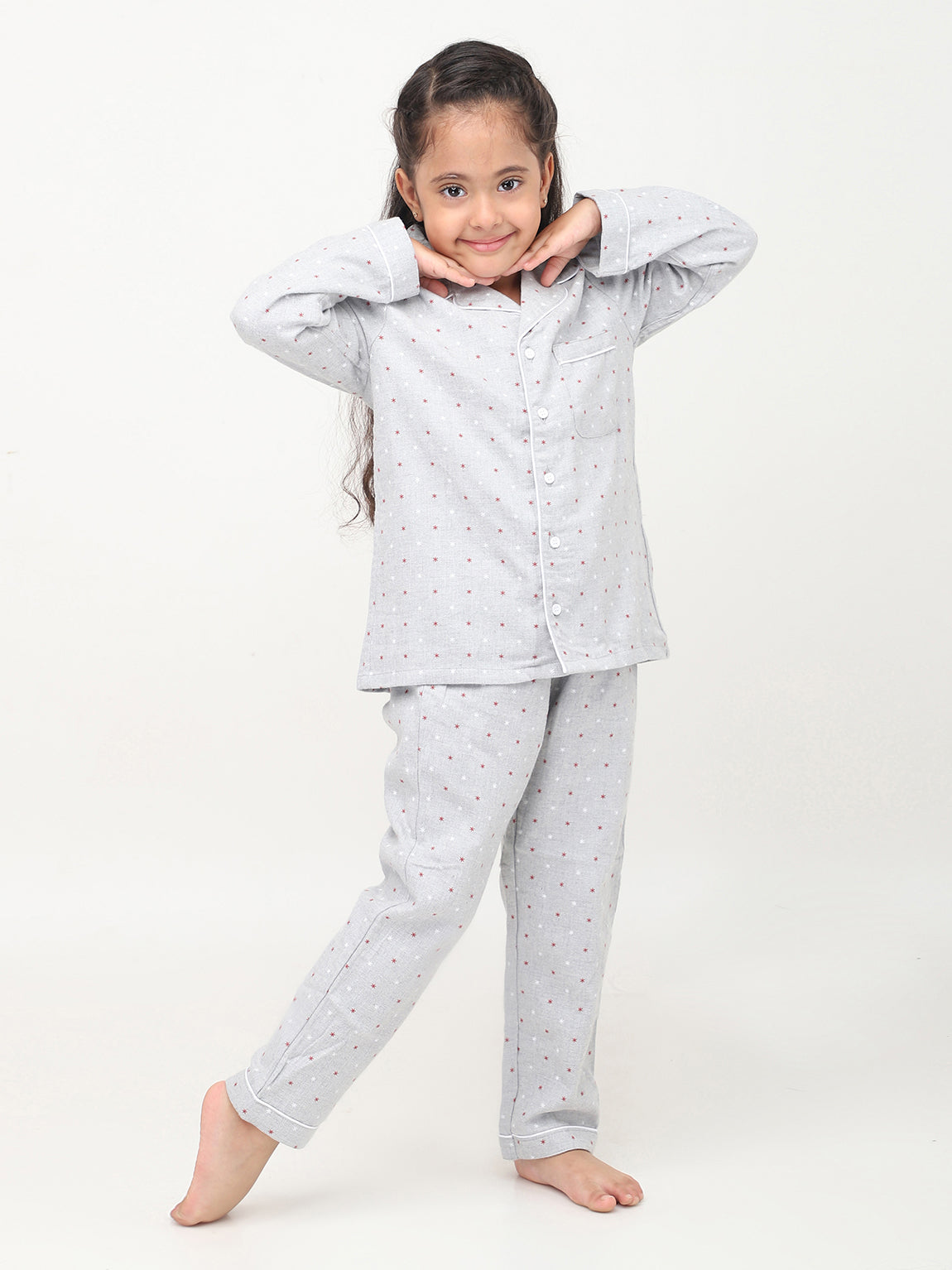 Grey Floral Printed Full Sleeves Night Suits For Girls
