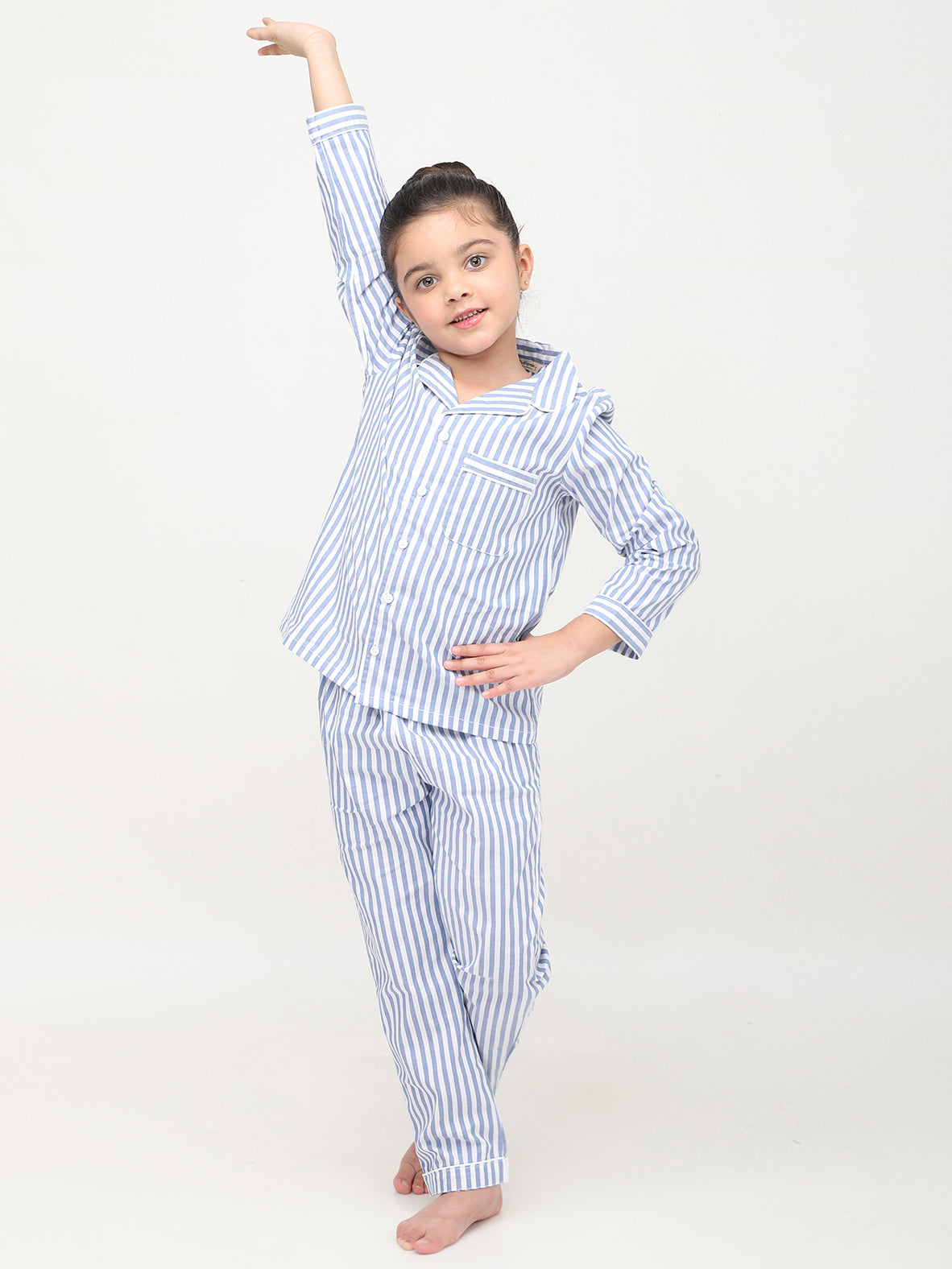 White & Blue Striped Night Suits For Girls & Boys