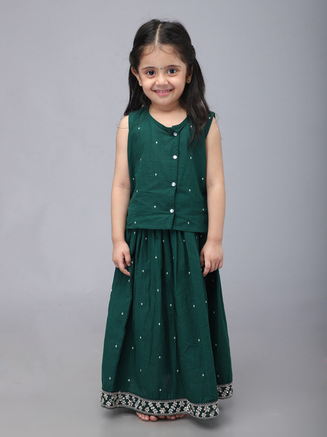Handloom Cotton Infant Girls Lehenga Set - Green