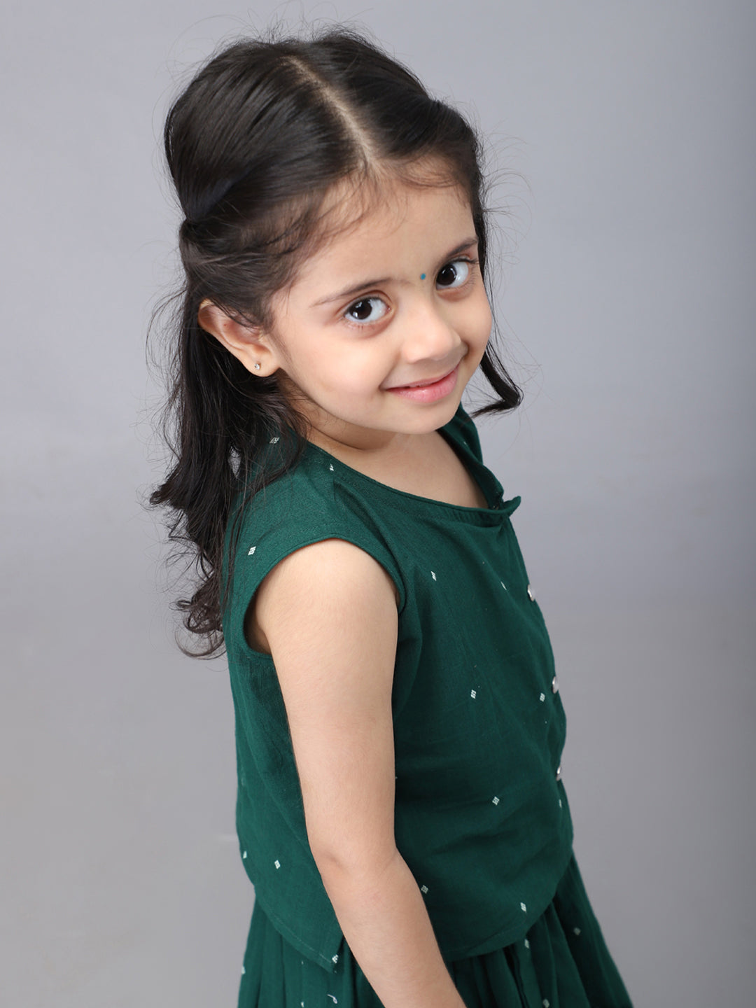Handloom Cotton Infant Girls Lehenga Set - Green