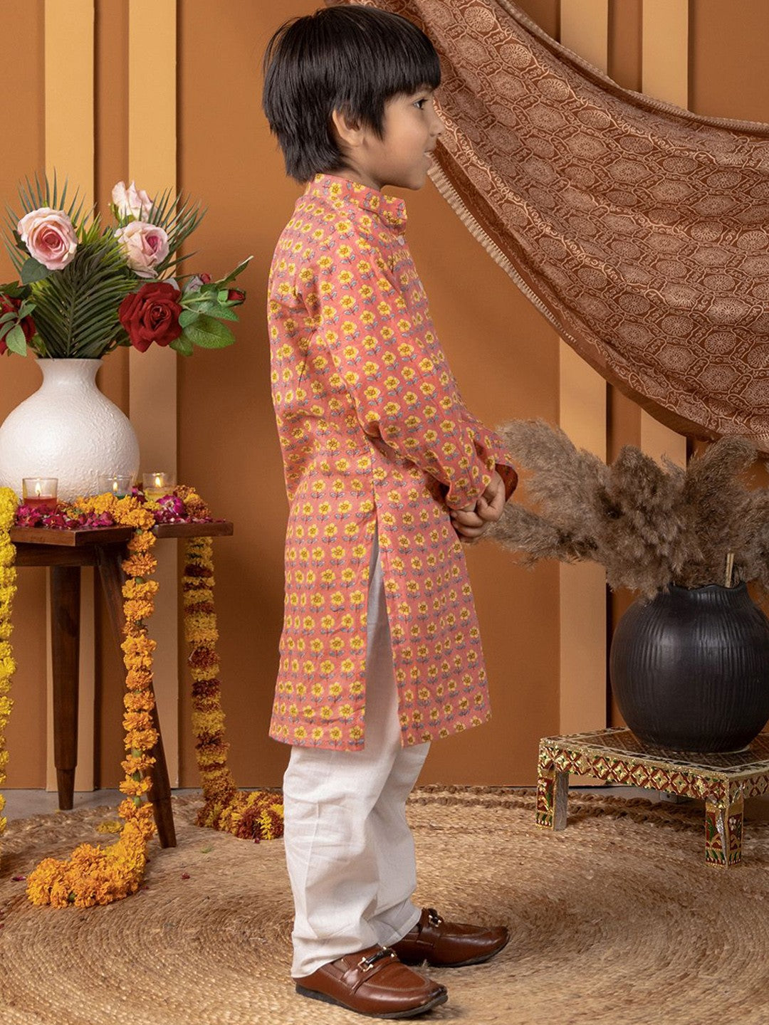 Boys Kurta Pyjama Set in Cotton - Orange & Yellow