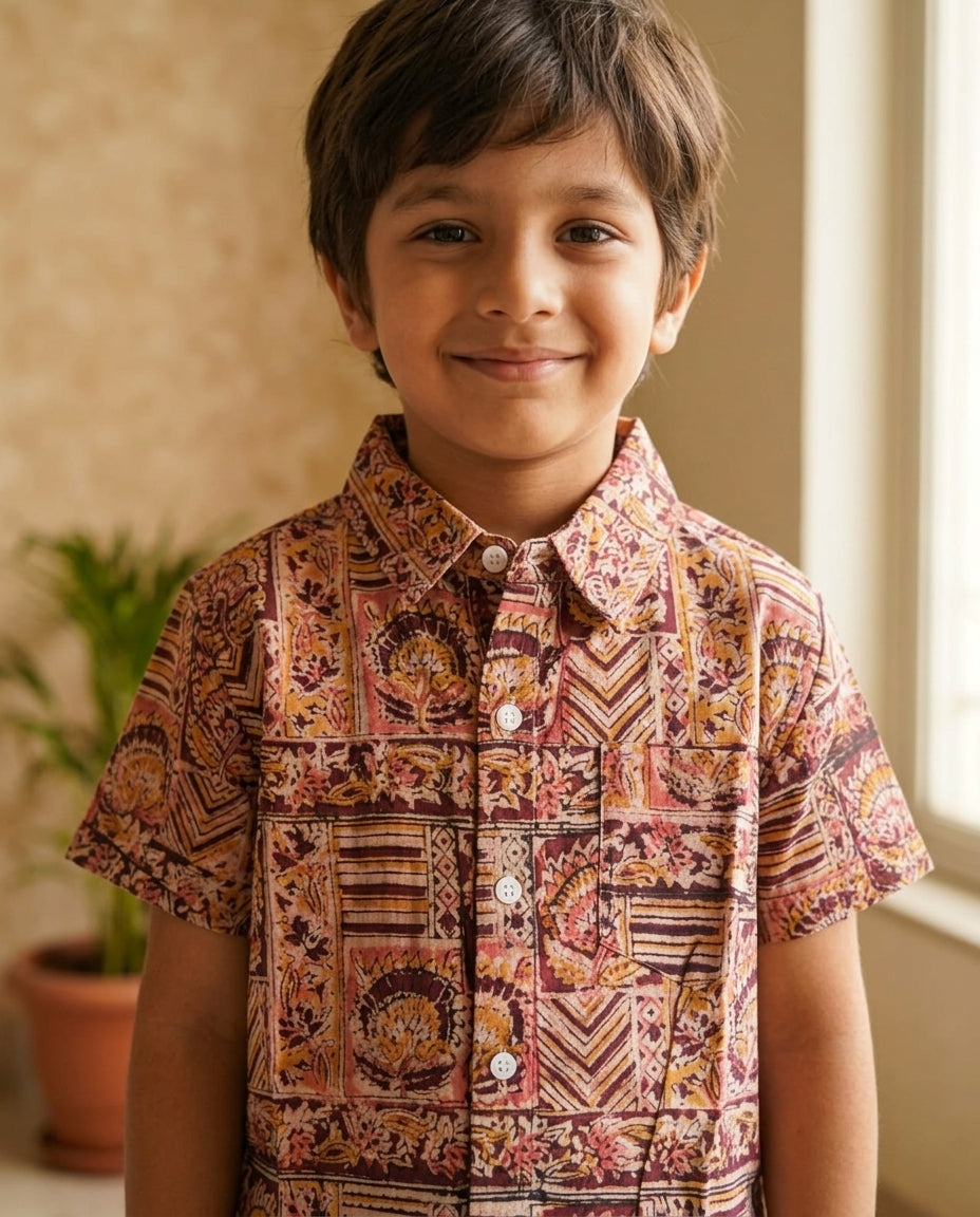 Biglilpeople Boys Ethnic Print Mandarin Collar Short Sleeves Shirt