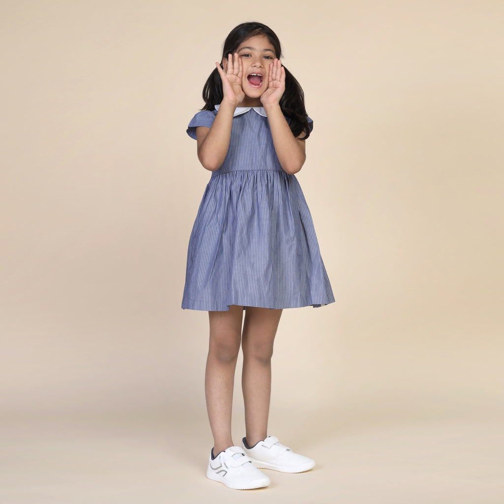 Peter Pan Collar Dress in Blue Stripes