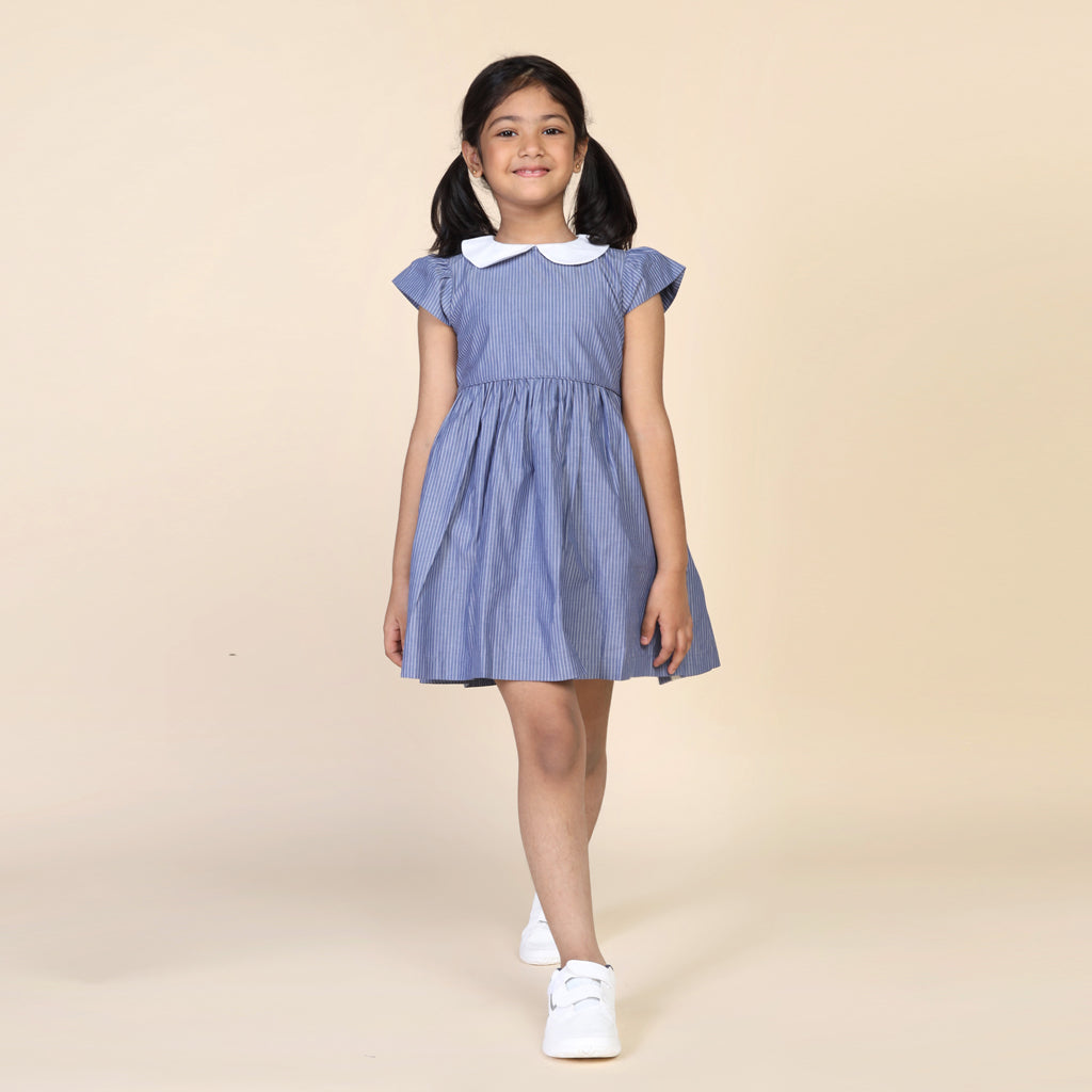 Peter Pan Collar Dress in Blue Stripes - Main Image