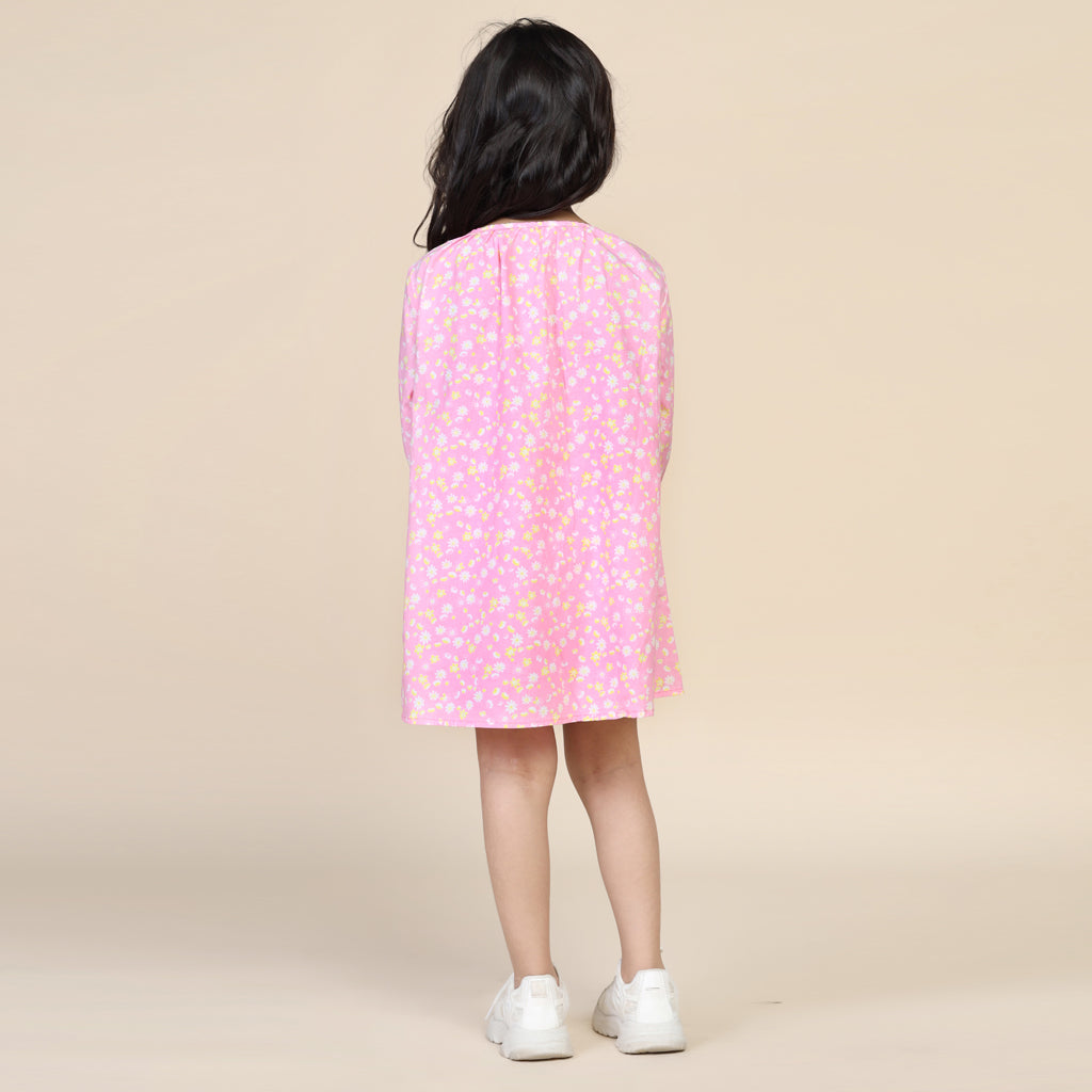 Antifit Nightdress for Girls in Pink & Yellow Floral Print