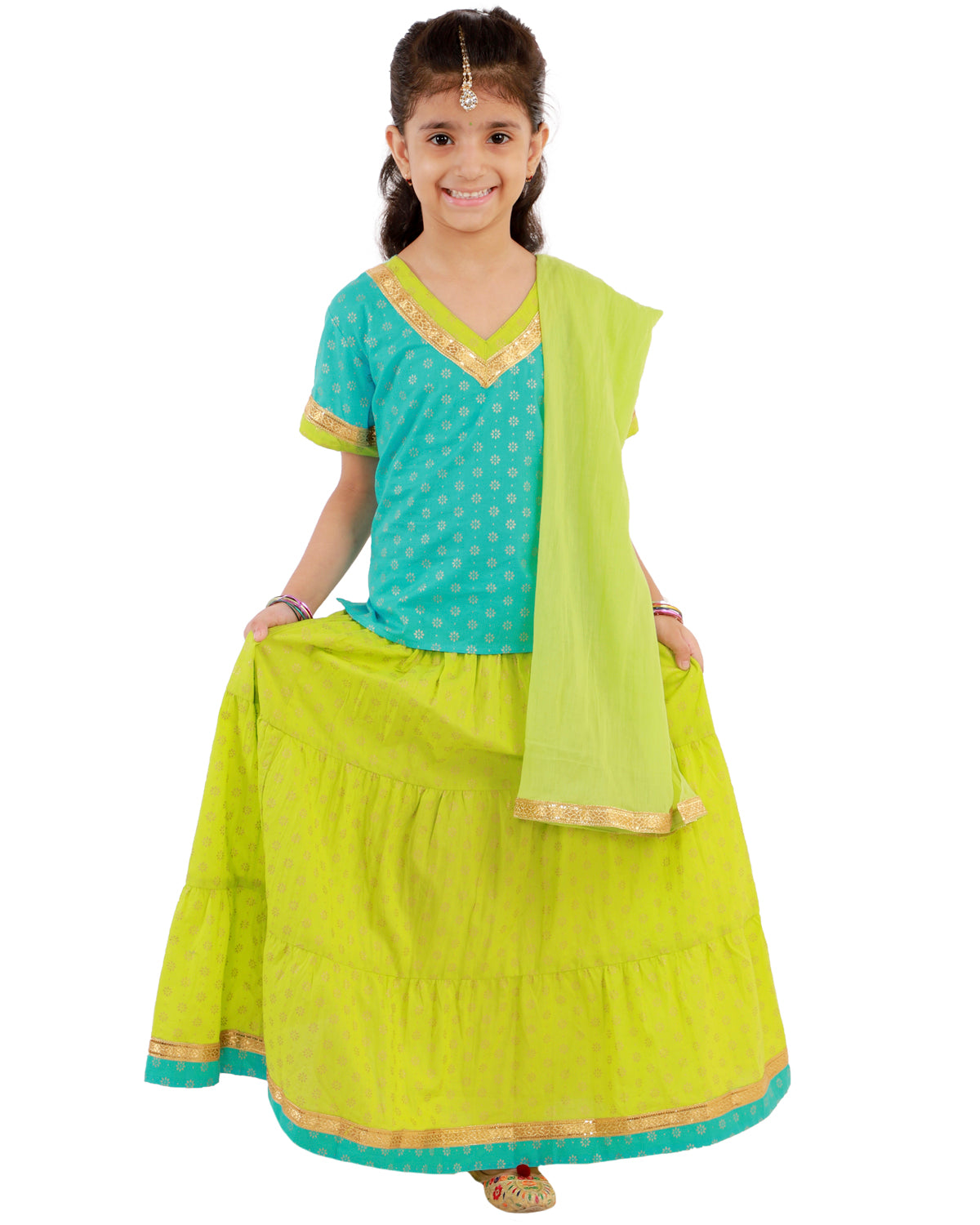 Jaipuri Lehenga Choli Set- Green & Blue
