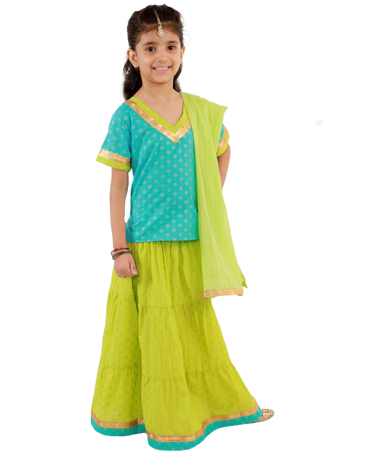 Jaipuri Lehenga Choli Set- Green & Blue