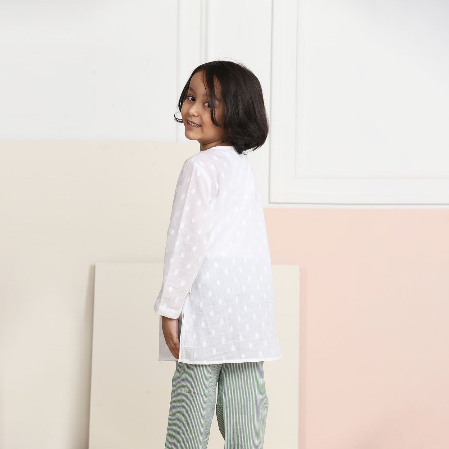 Unisex Grandpa Kurta Set - White with Green Striped Pajamas