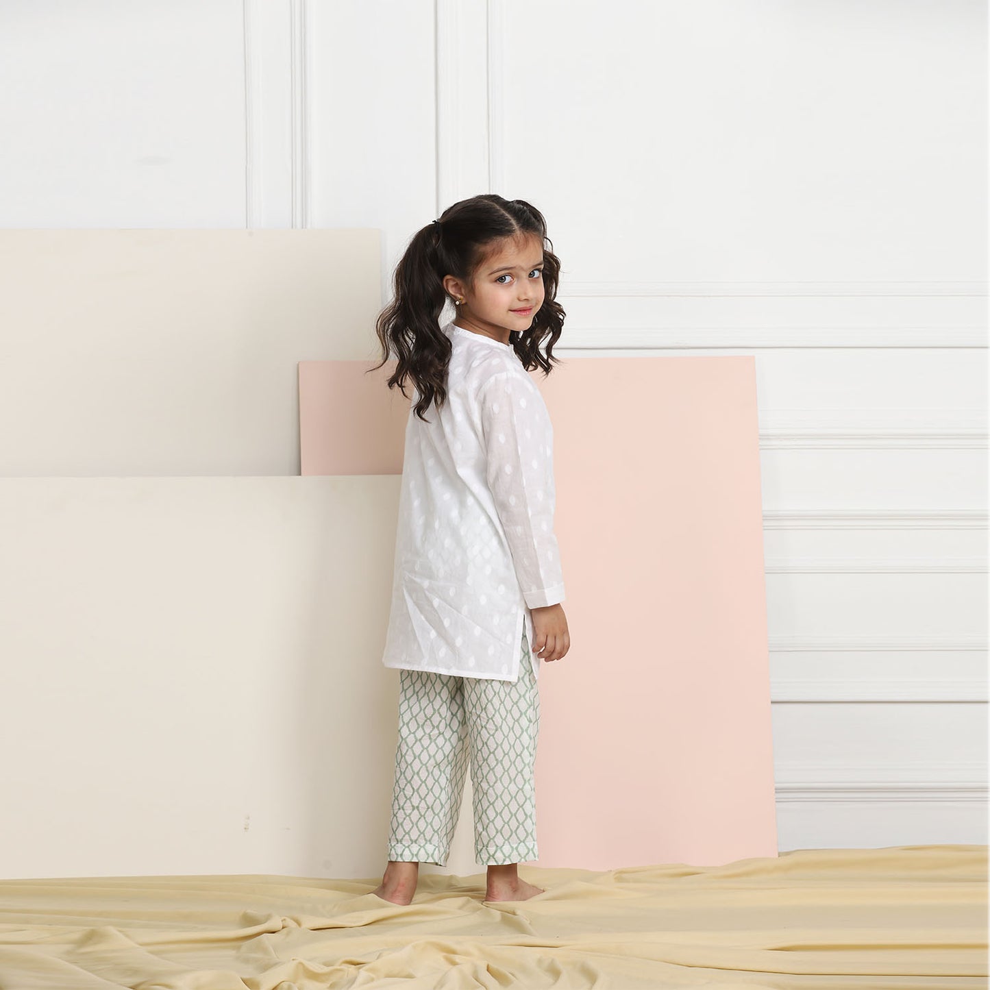 Unisex Grandpa Kurta Set - White with Green Pyjama