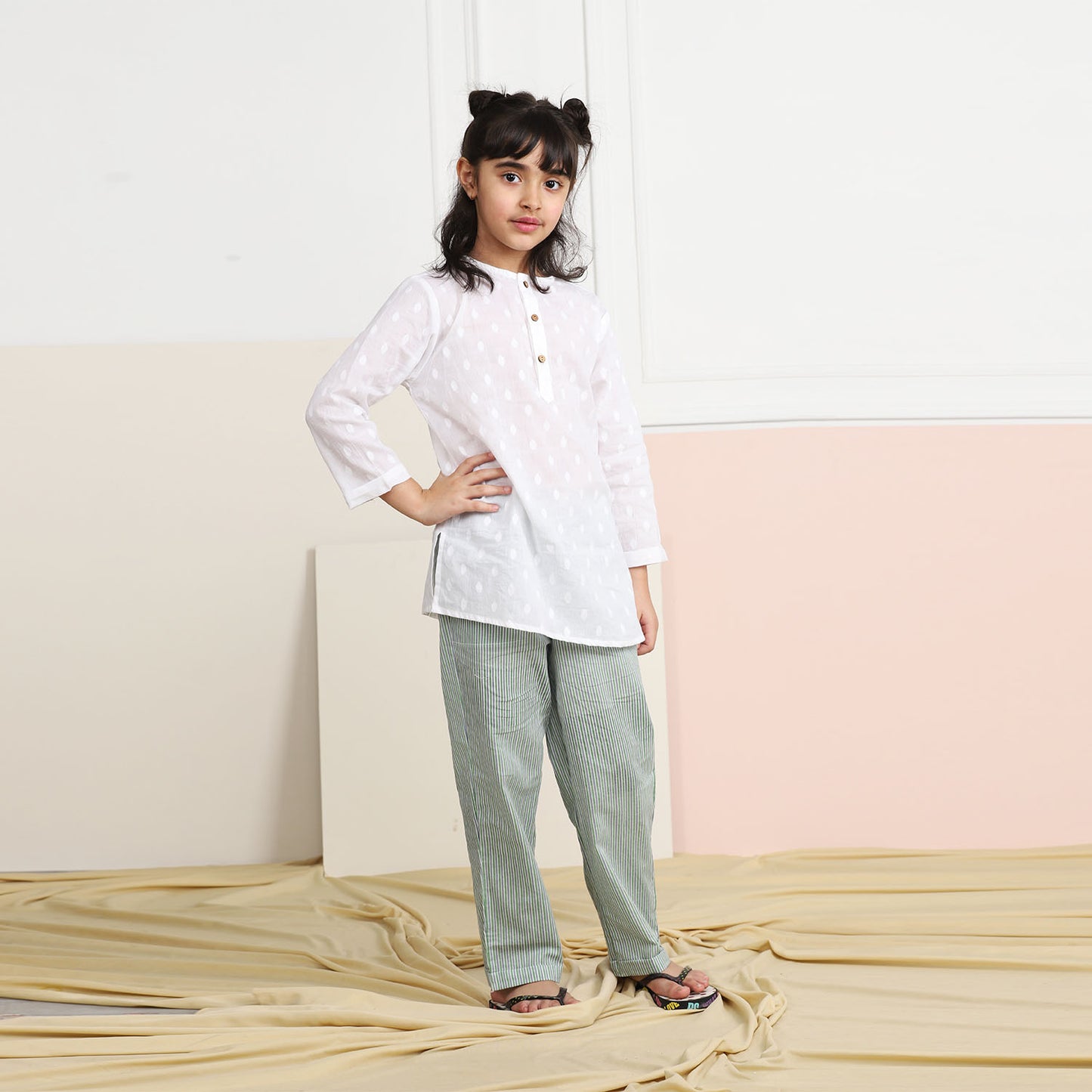 Unisex Grandpa Kurta Set - White with Green Striped Pajamas