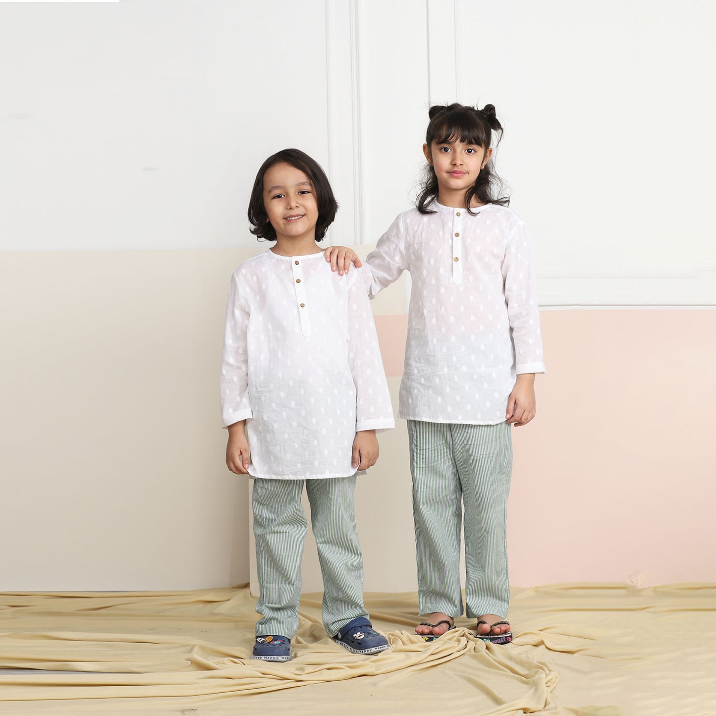 Unisex Grandpa Kurta Set - White with Green Striped Pajamas