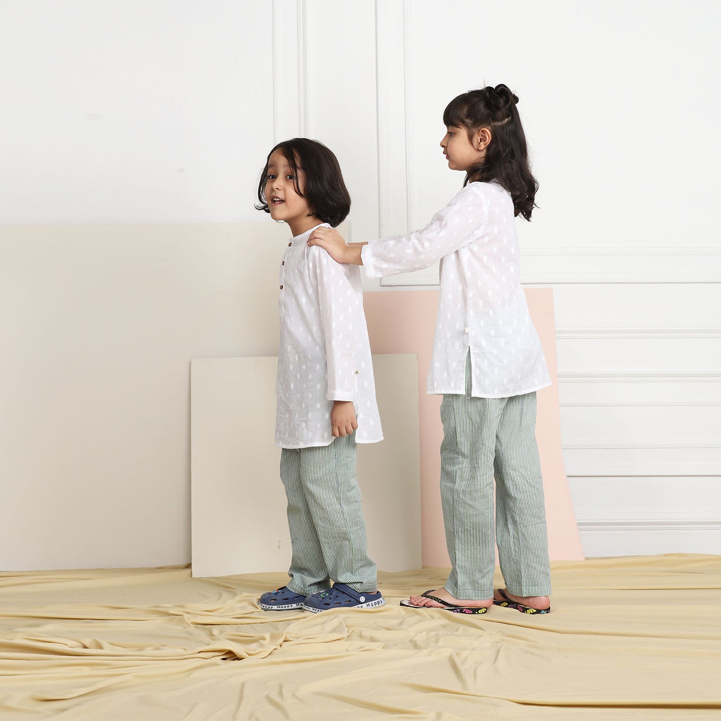Unisex Grandpa Kurta Set - White with Green Striped Pajamas