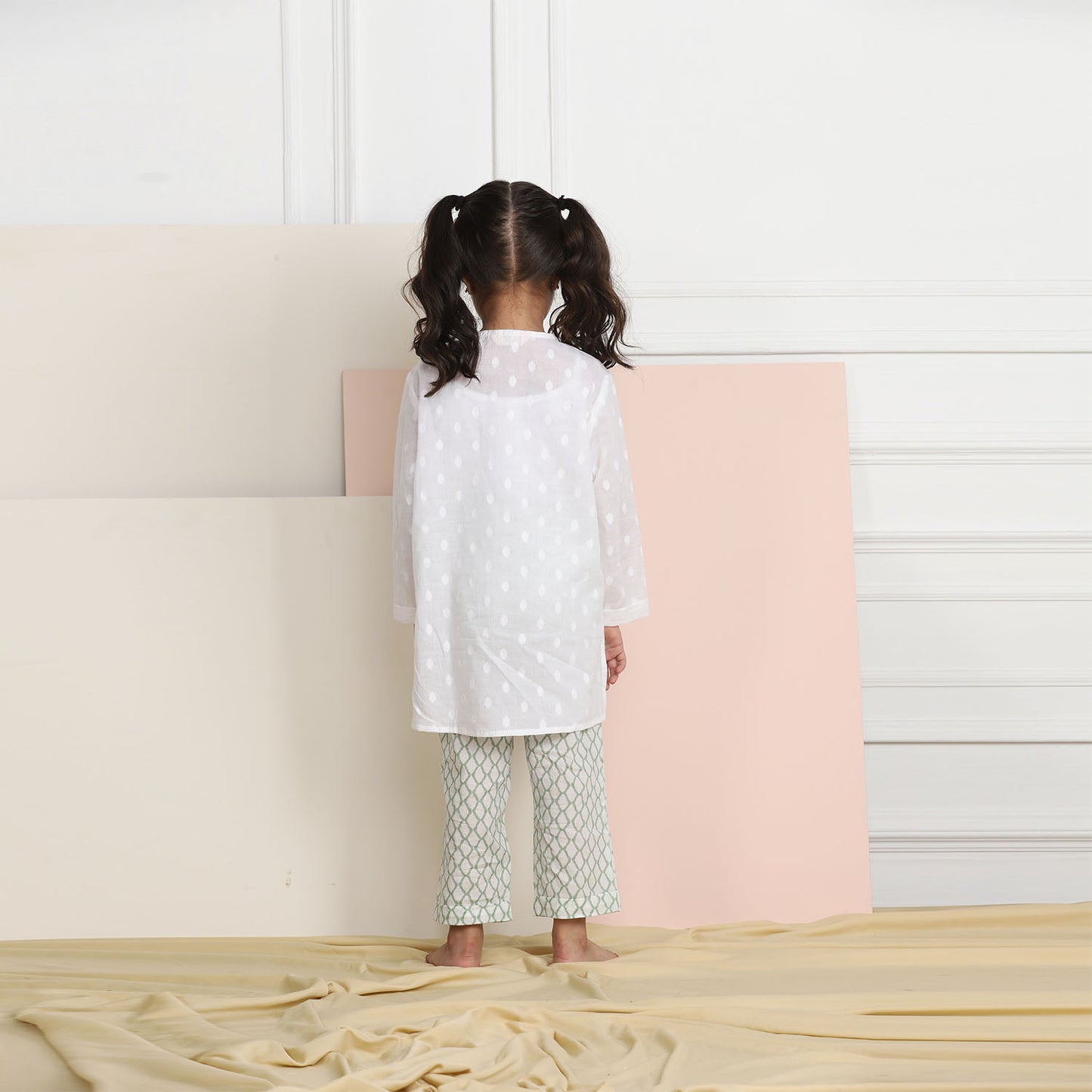 Unisex Grandpa Kurta Set - White with Green Pyjama