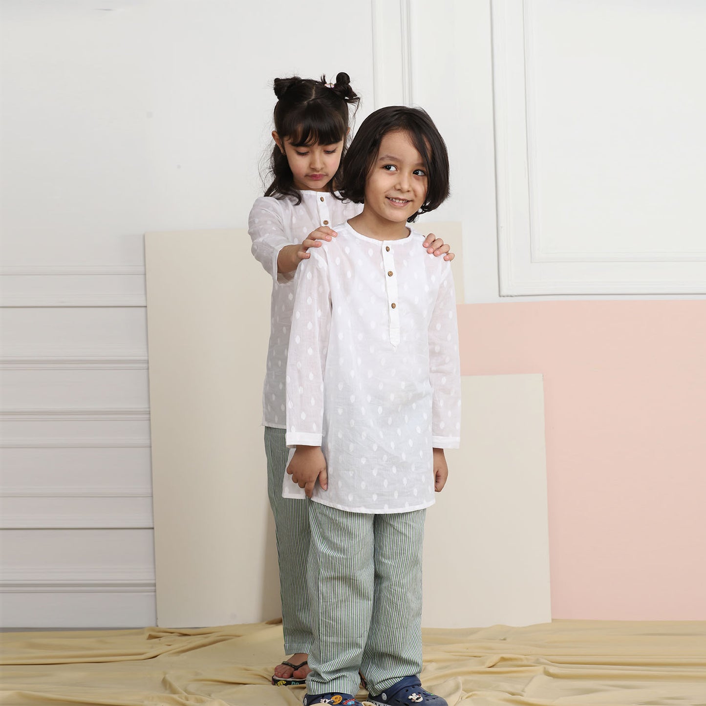 Unisex Grandpa Kurta Set - White with Green Striped Pajamas