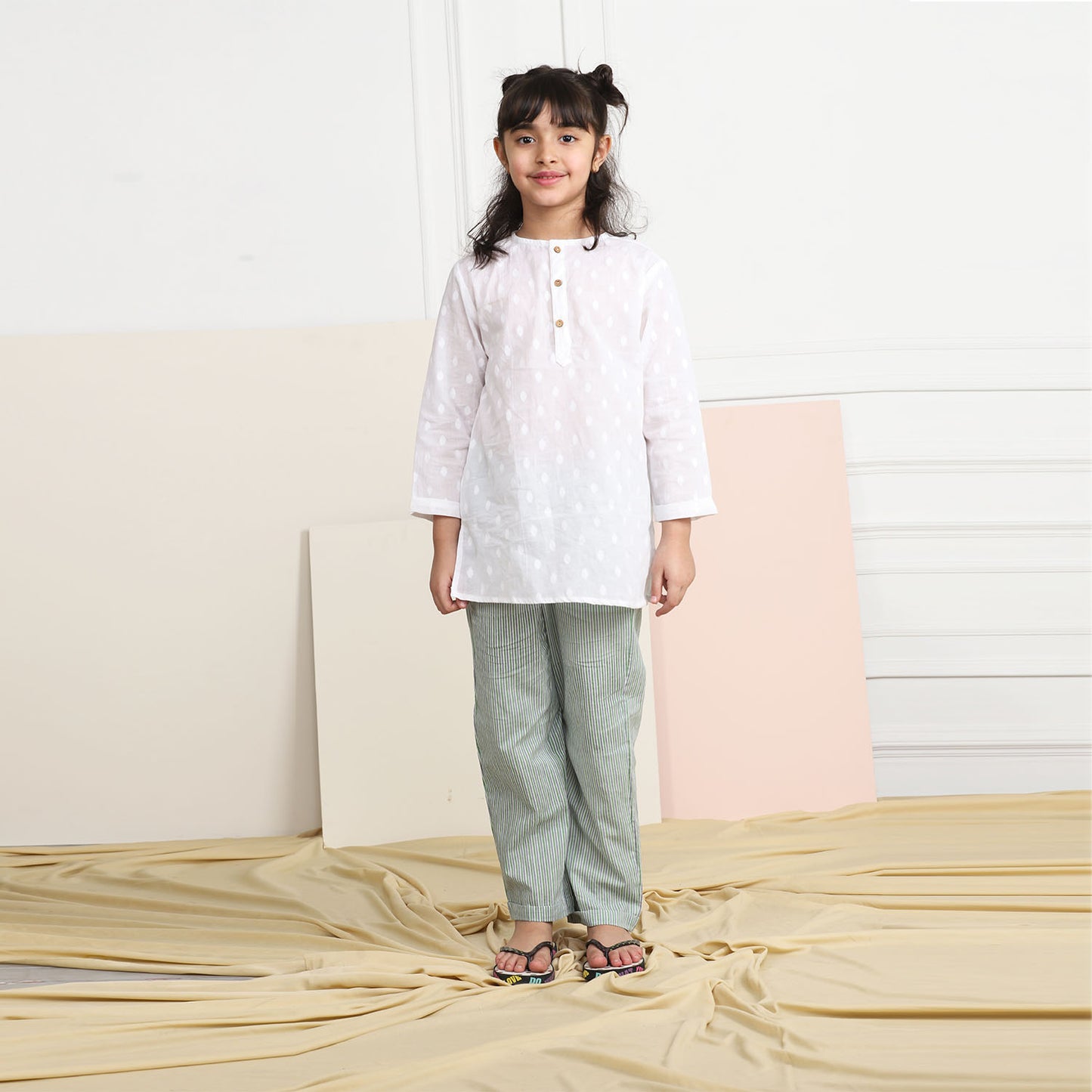 Unisex Grandpa Kurta Set - White with Green Striped Pajamas