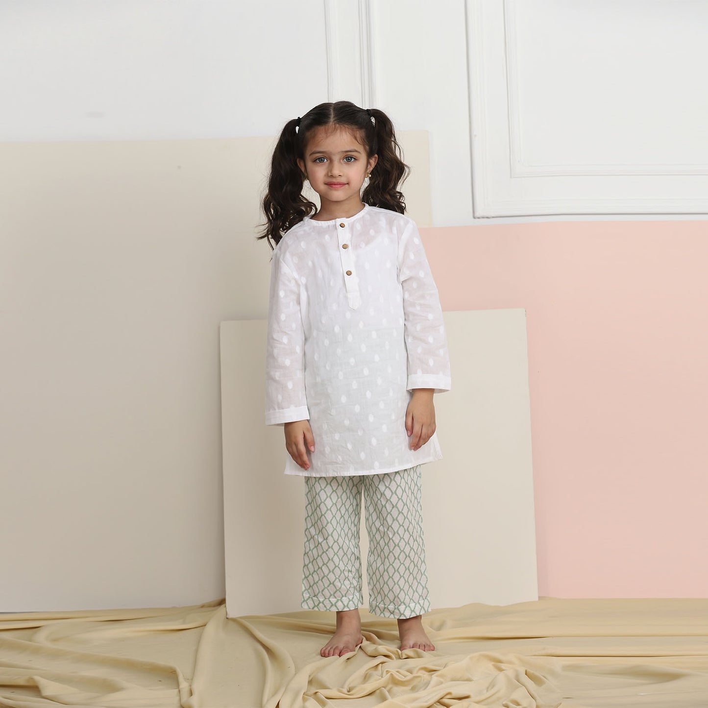 Unisex Grandpa Kurta Set - White with Green Pyjama