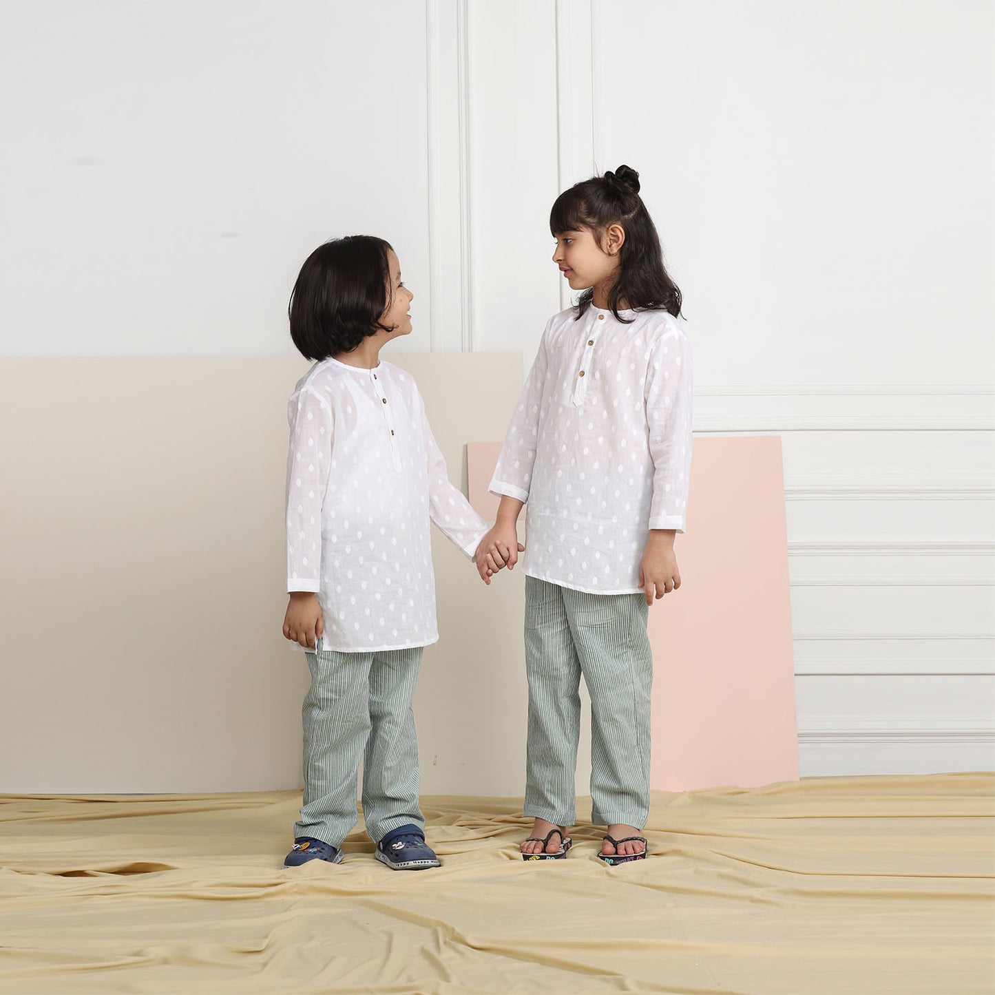 Unisex Grandpa Kurta Set - White with Green Striped Pajamas