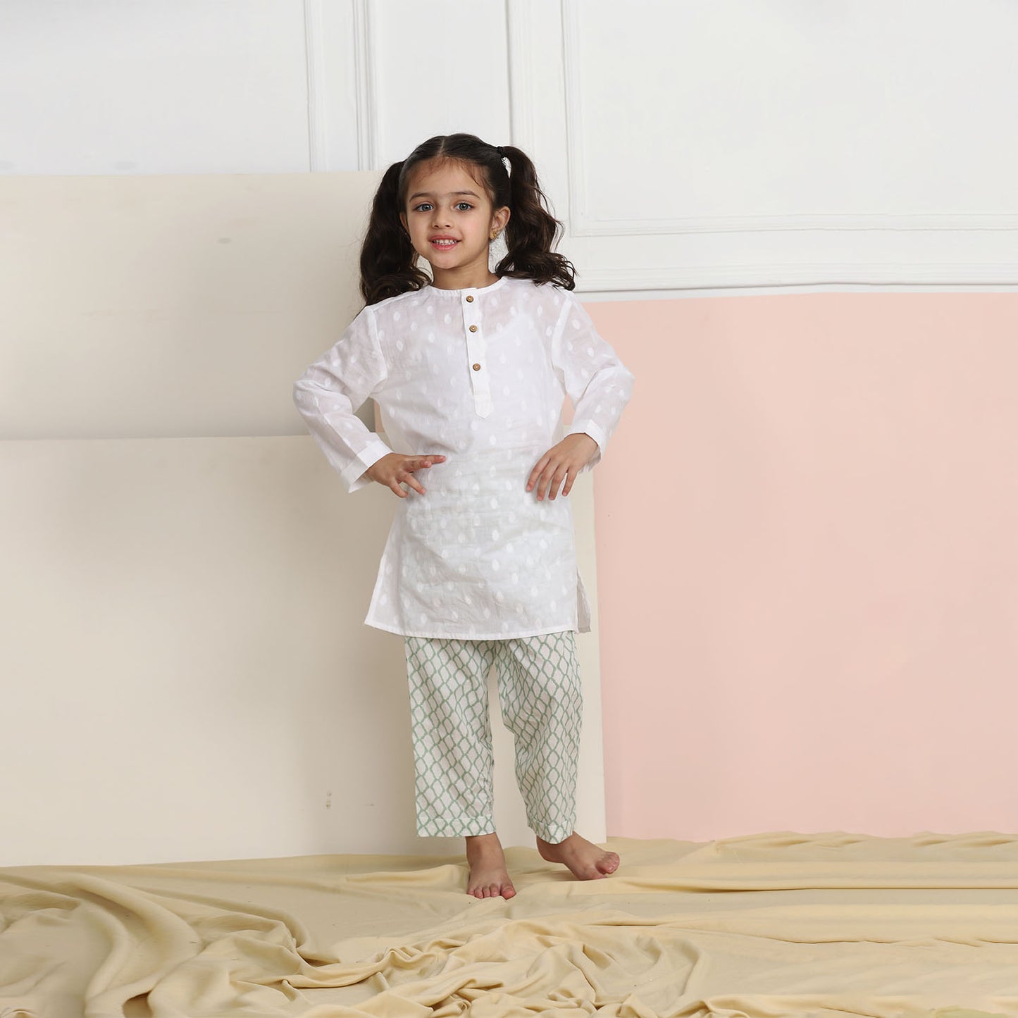 Unisex Grandpa Kurta Set - White with Green Pyjama