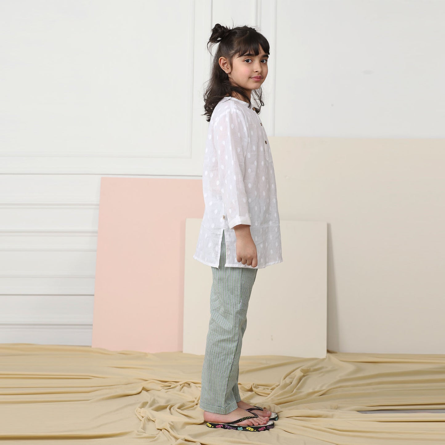 Unisex Grandpa Kurta Set - White with Green Striped Pajamas